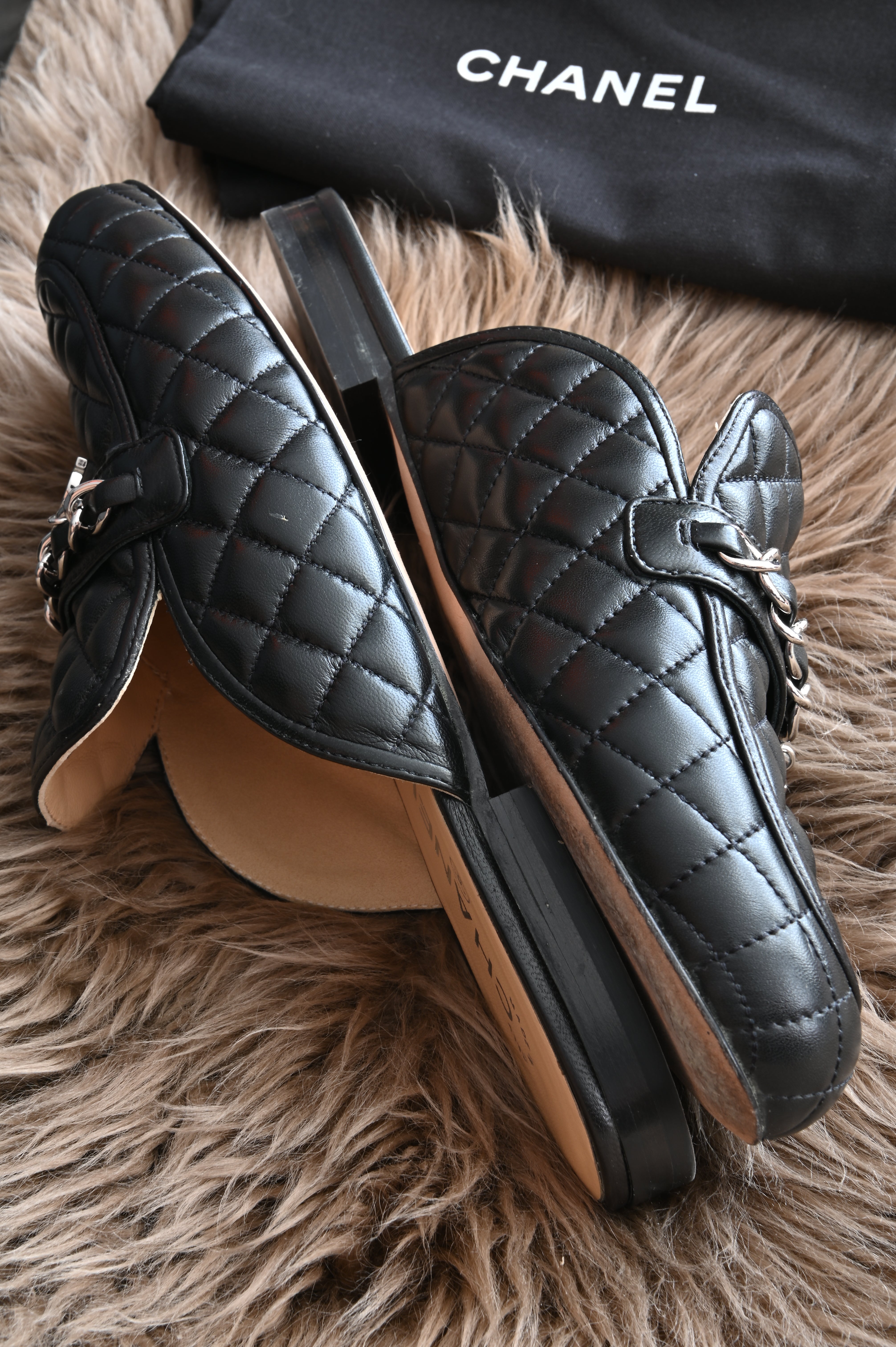 Chanel CC Quilted mules in black and silver hardware