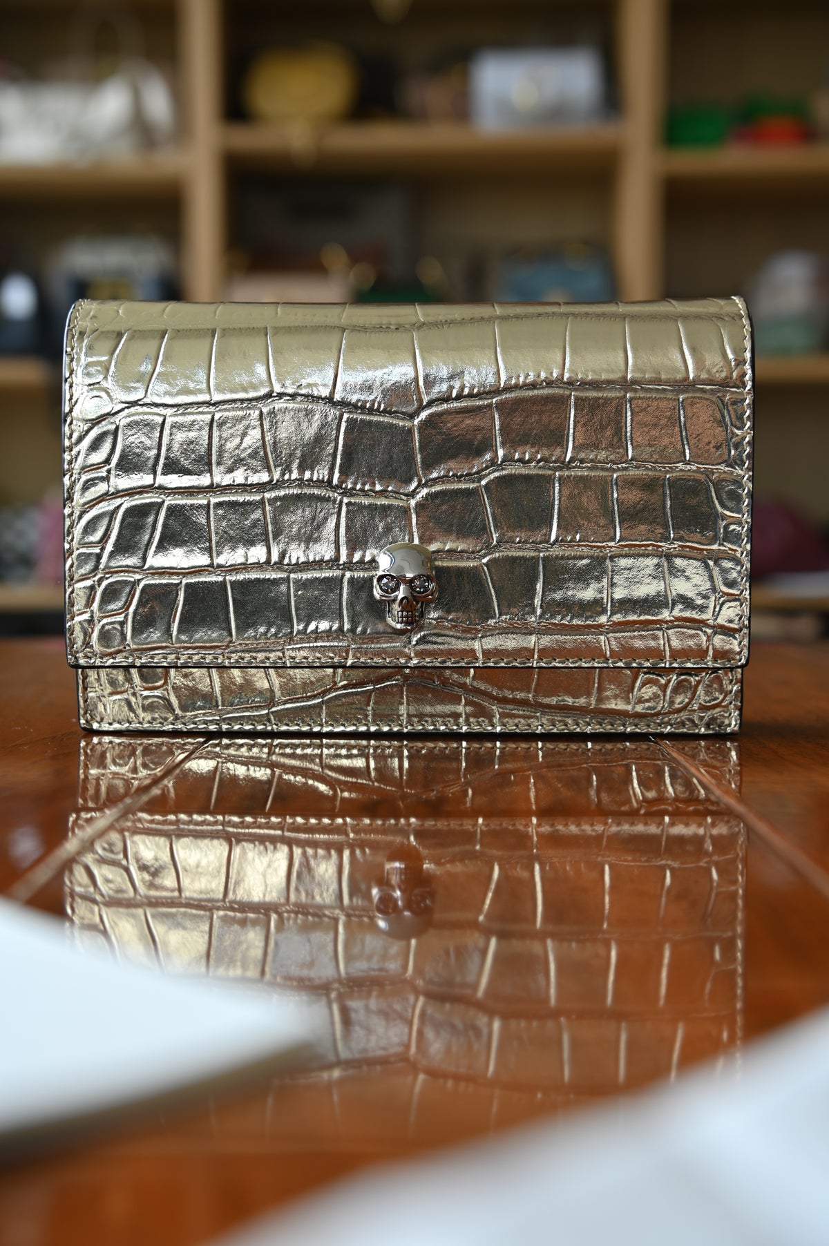 Alexander McQueen Gold Croc Emboss Skull Wallet On Chain