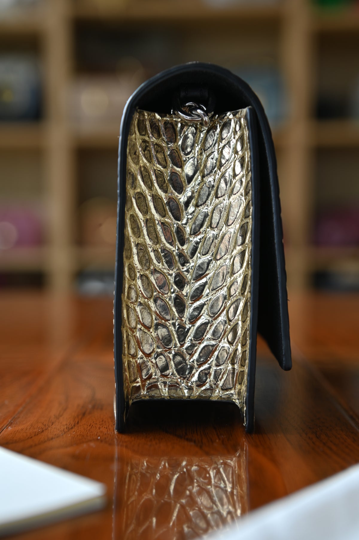 Alexander McQueen Gold Croc Emboss Skull Wallet On Chain side