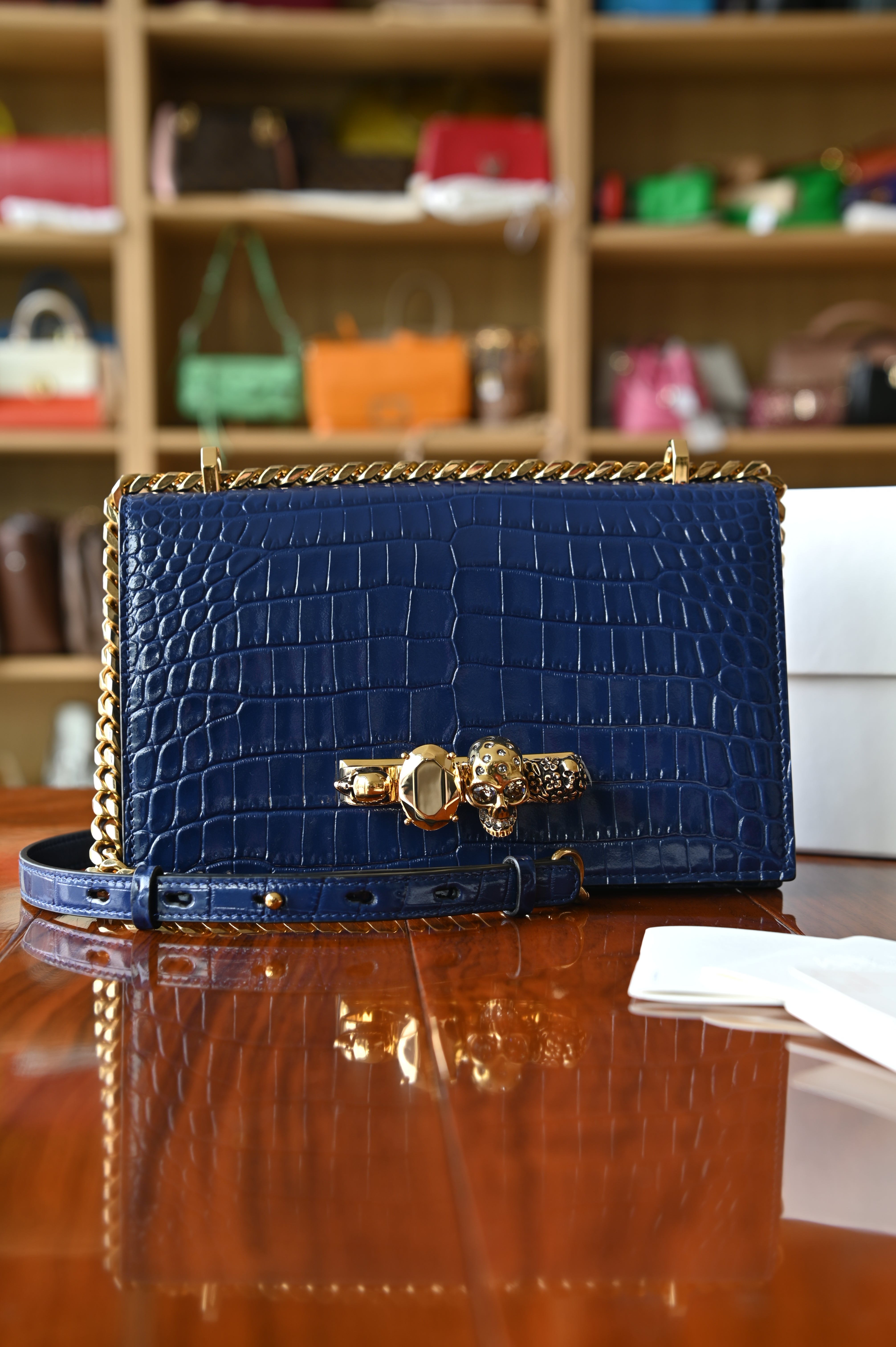 Alexander McQueen Jewelled Satchel in Blue Croc-Embossed Leather