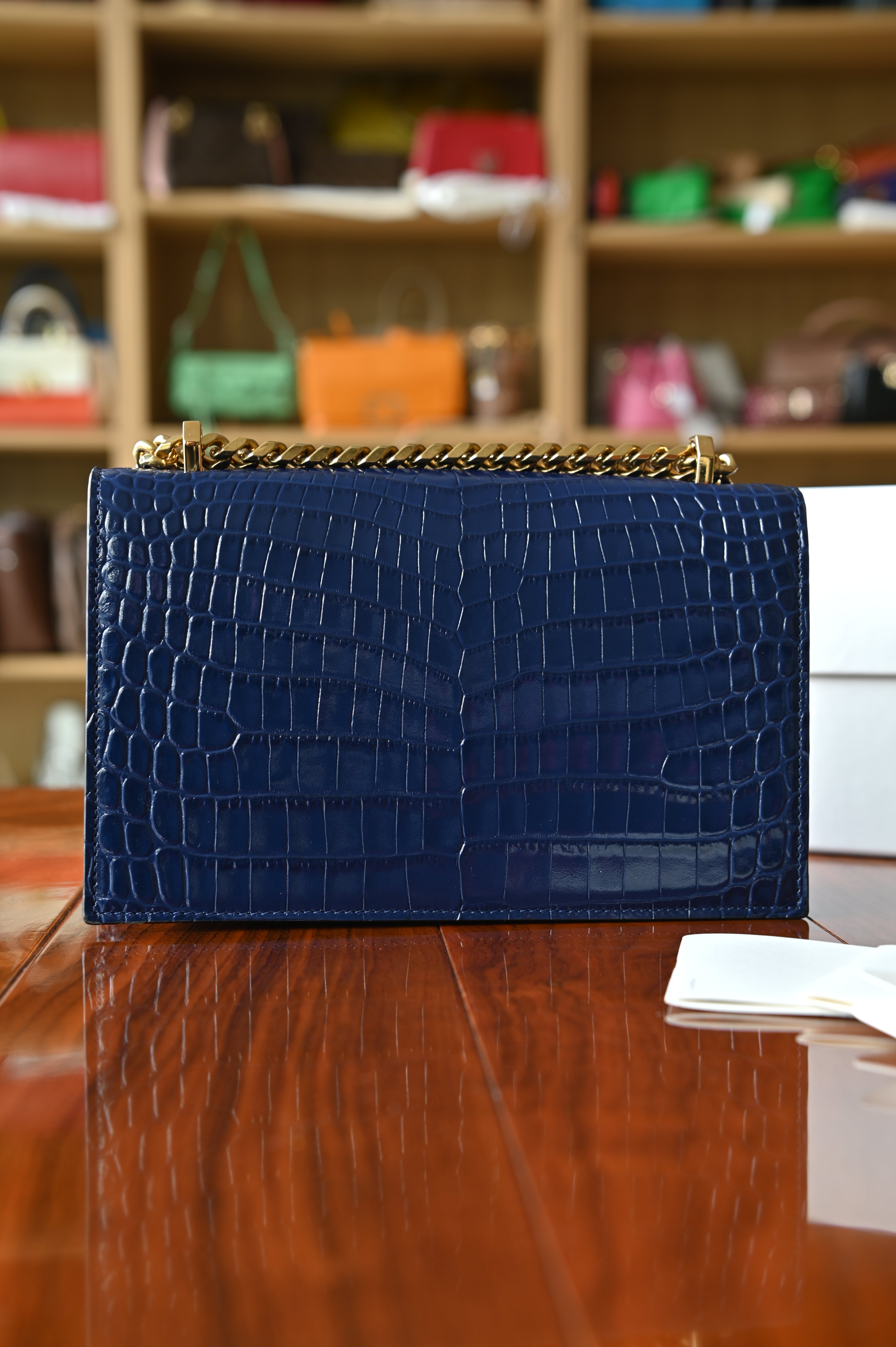 Alexander McQueen Jewelled Satchel in Blue Croc-Embossed Leather back