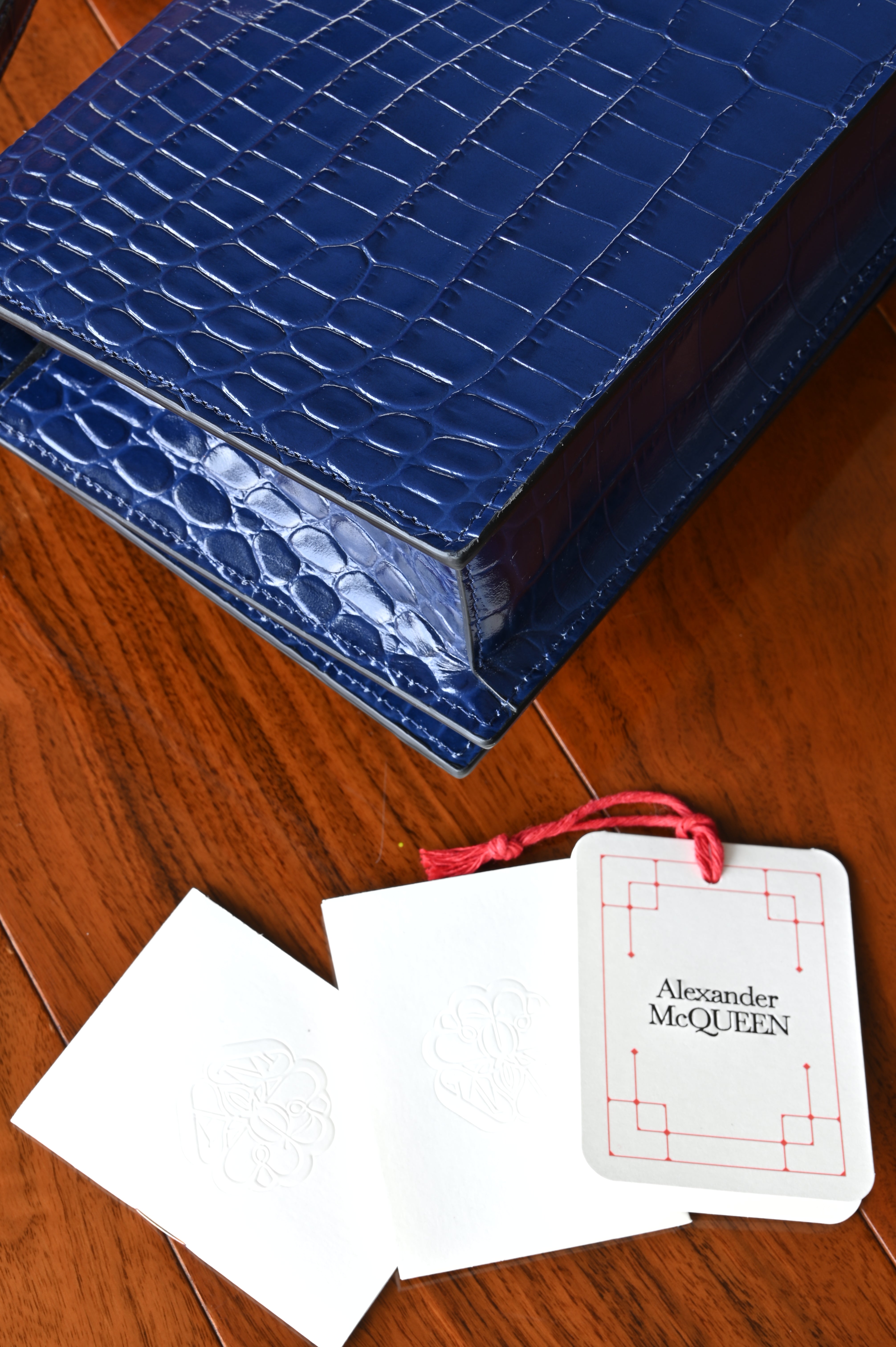 Alexander McQueen Jewelled Satchel in Blue Croc-Embossed Leather back angle one