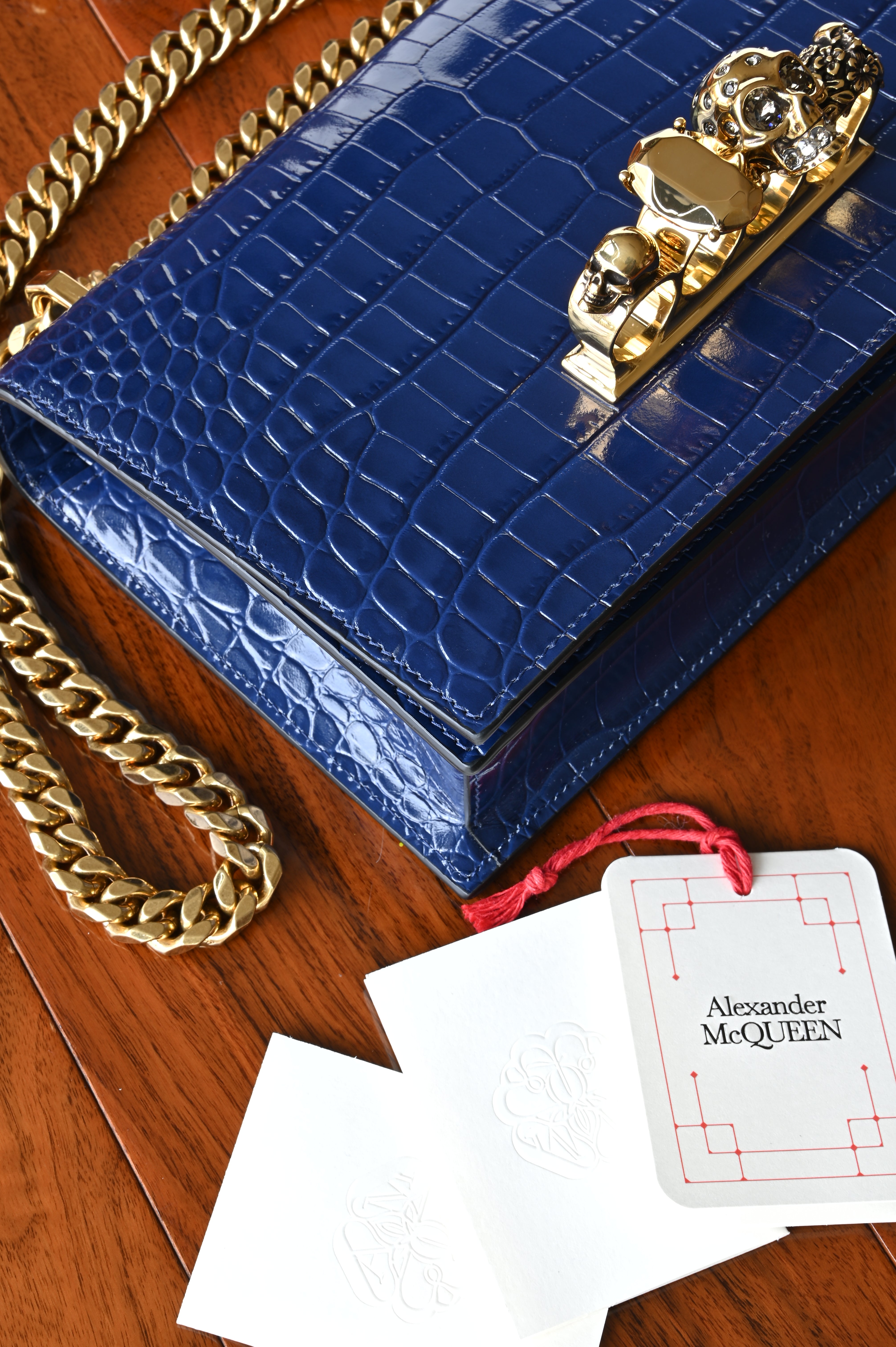 Alexander McQueen Jewelled Satchel in Blue Croc-Embossed Leather corner angle