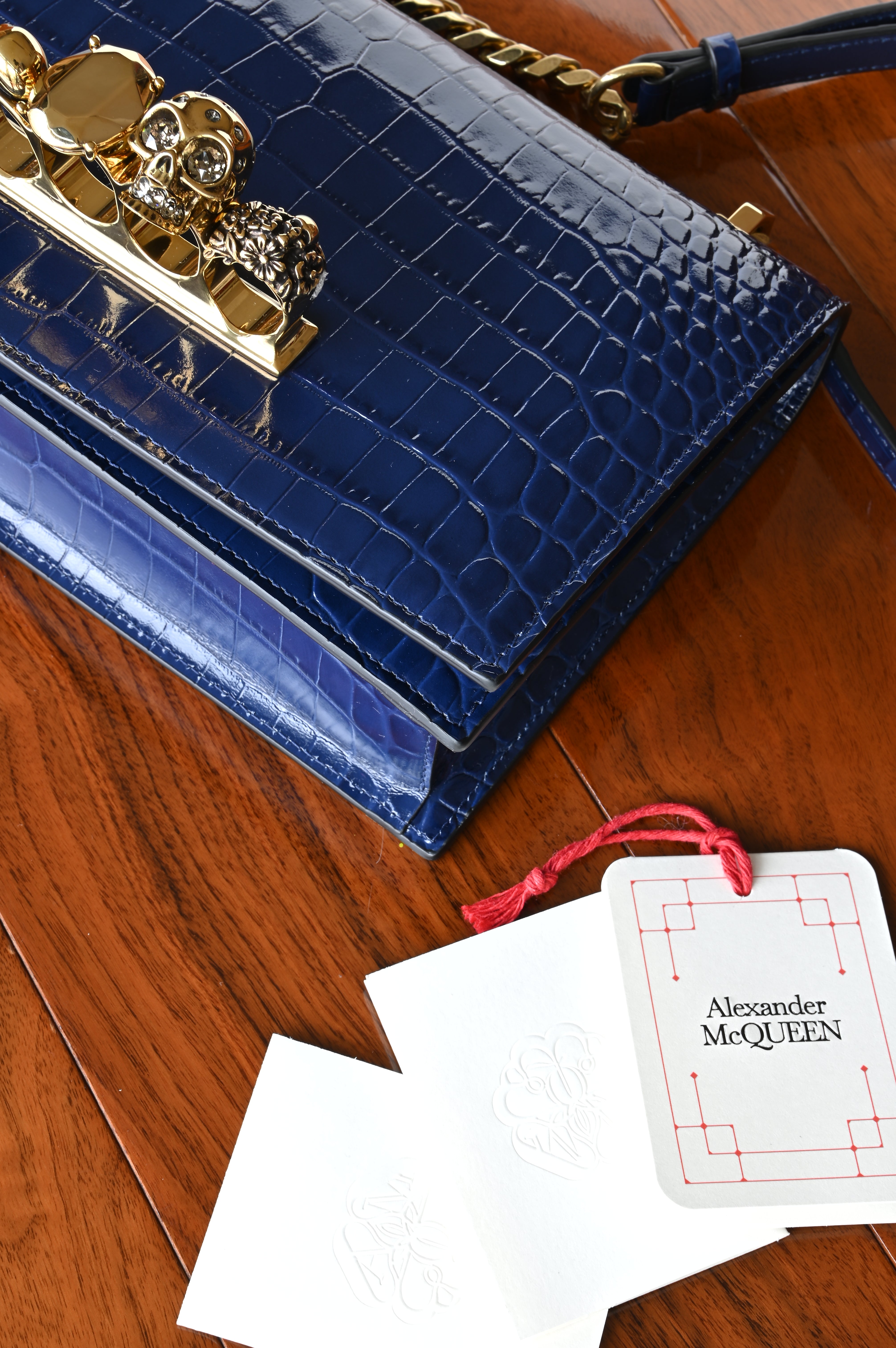 Alexander McQueen Jewelled Satchel in Blue Croc-Embossed Leather corner angle two