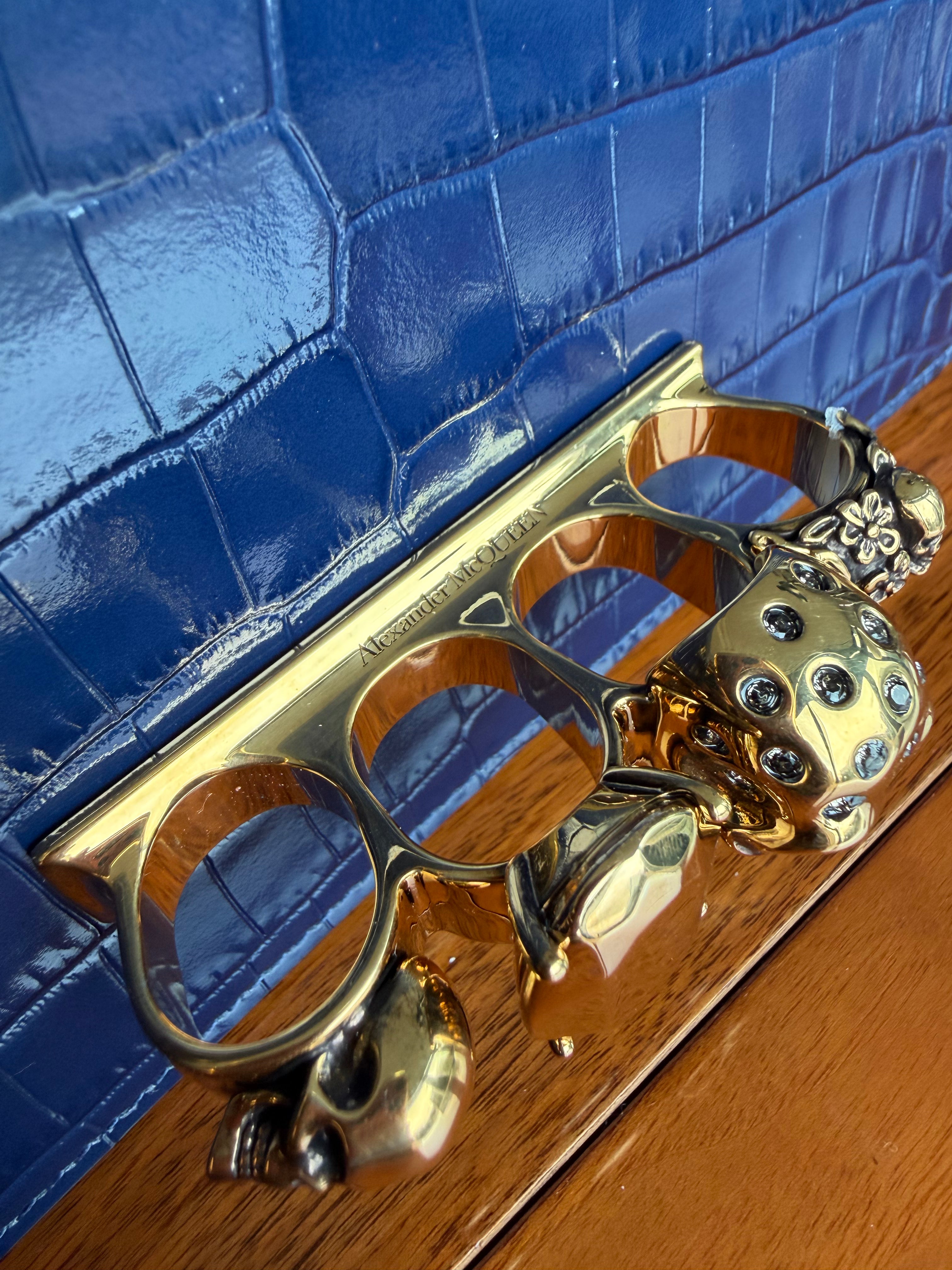 Alexander McQueen Jewelled Satchel in Blue Croc-Embossed Leather engraving