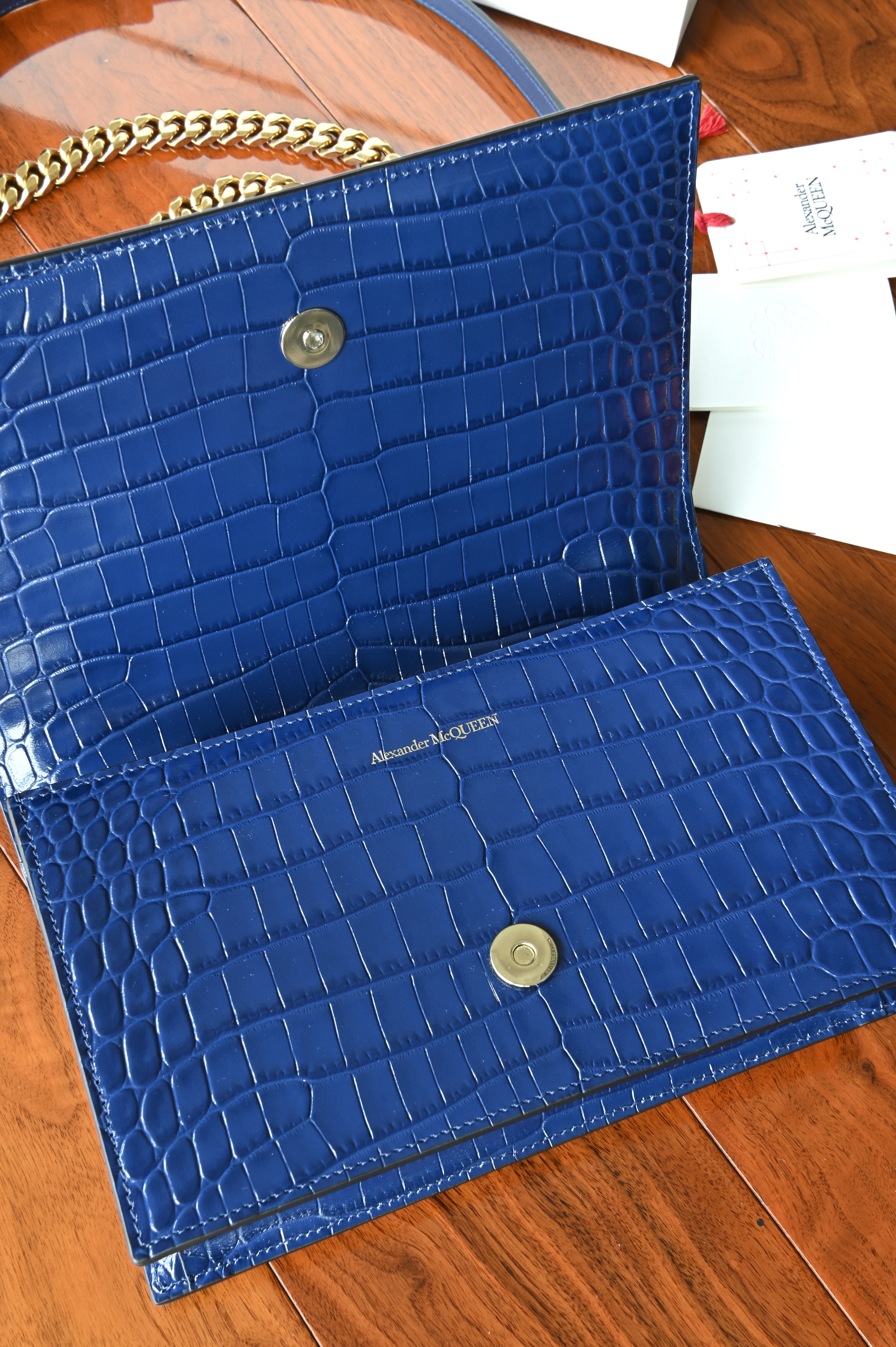 Alexander McQueen Jewelled Satchel in Blue Croc-Embossed Leather flap
