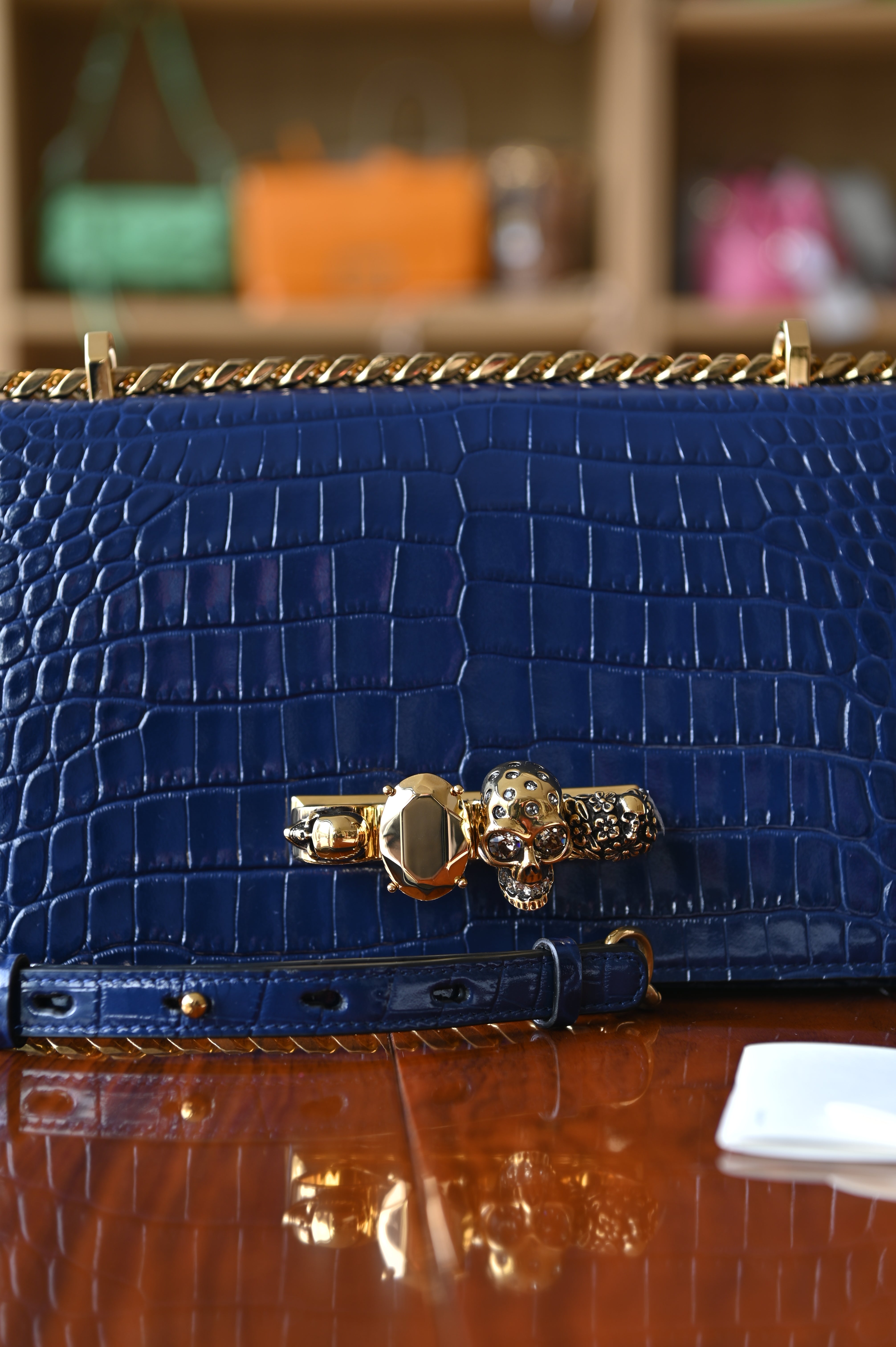 Alexander McQueen Jewelled Satchel in Blue Croc-Embossed Leather logo