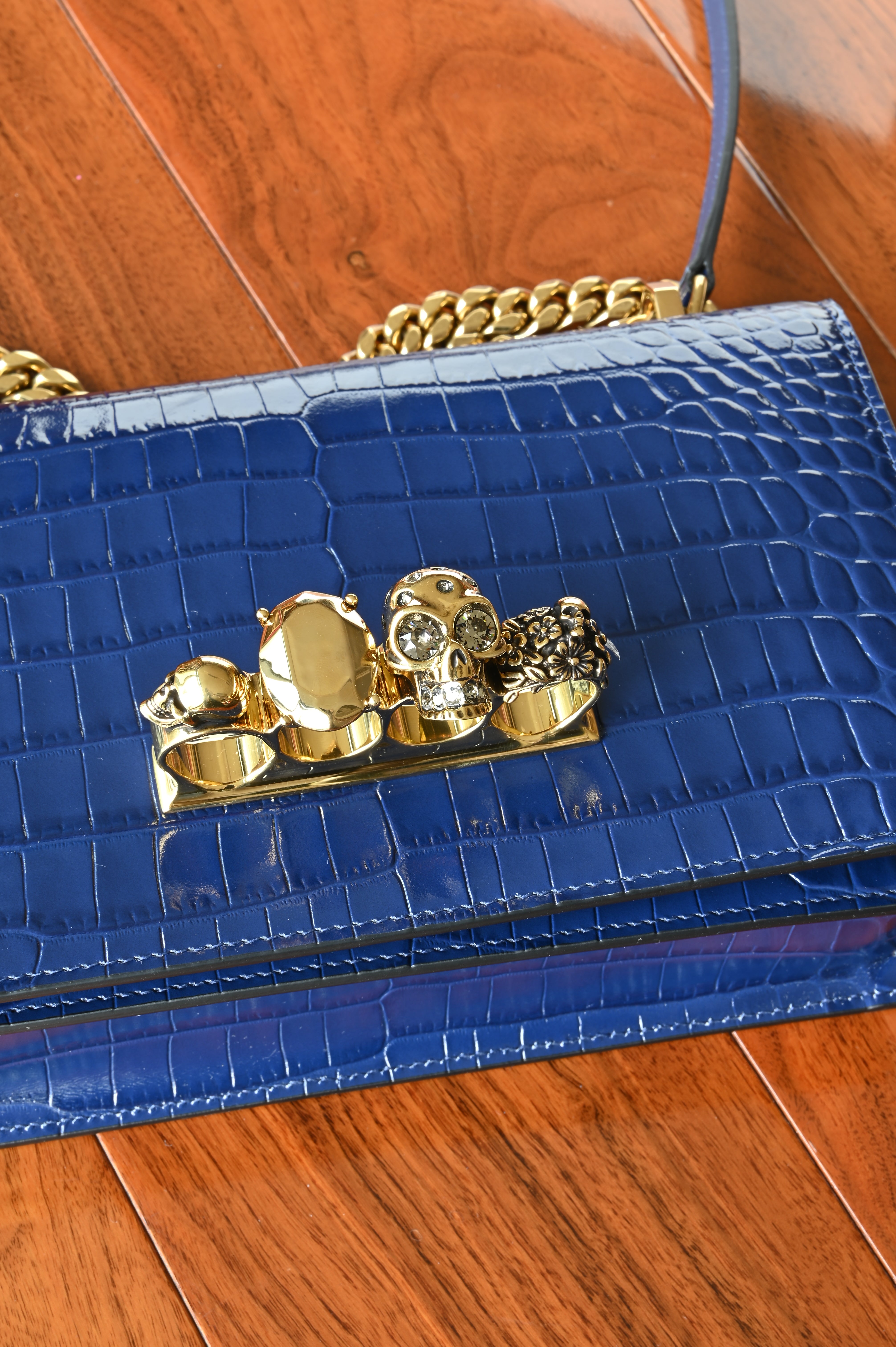 Alexander McQueen Jewelled Satchel in Blue Croc-Embossed Leather skull