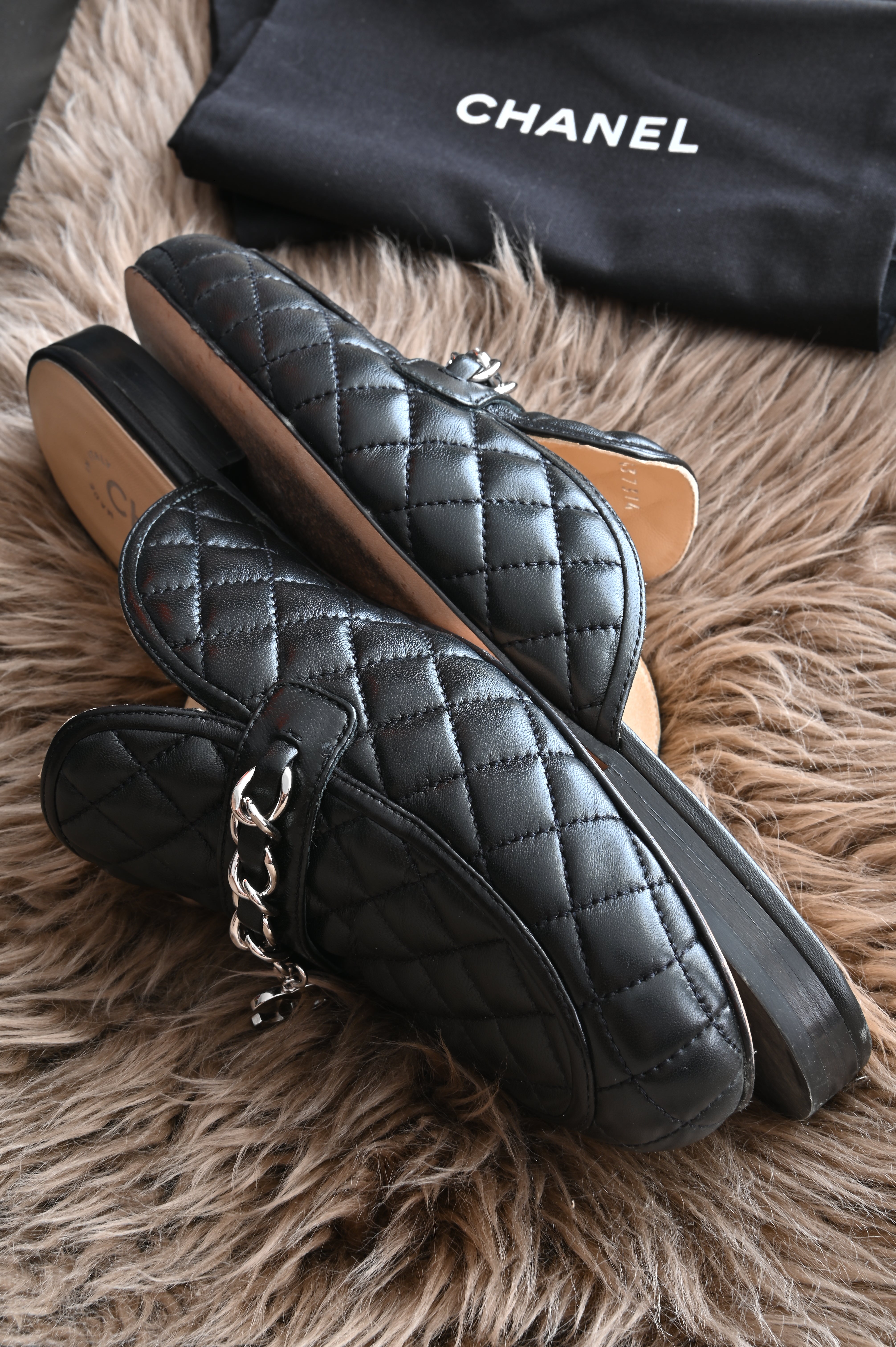 Chanel CC Quilted mules in black and silver hardware