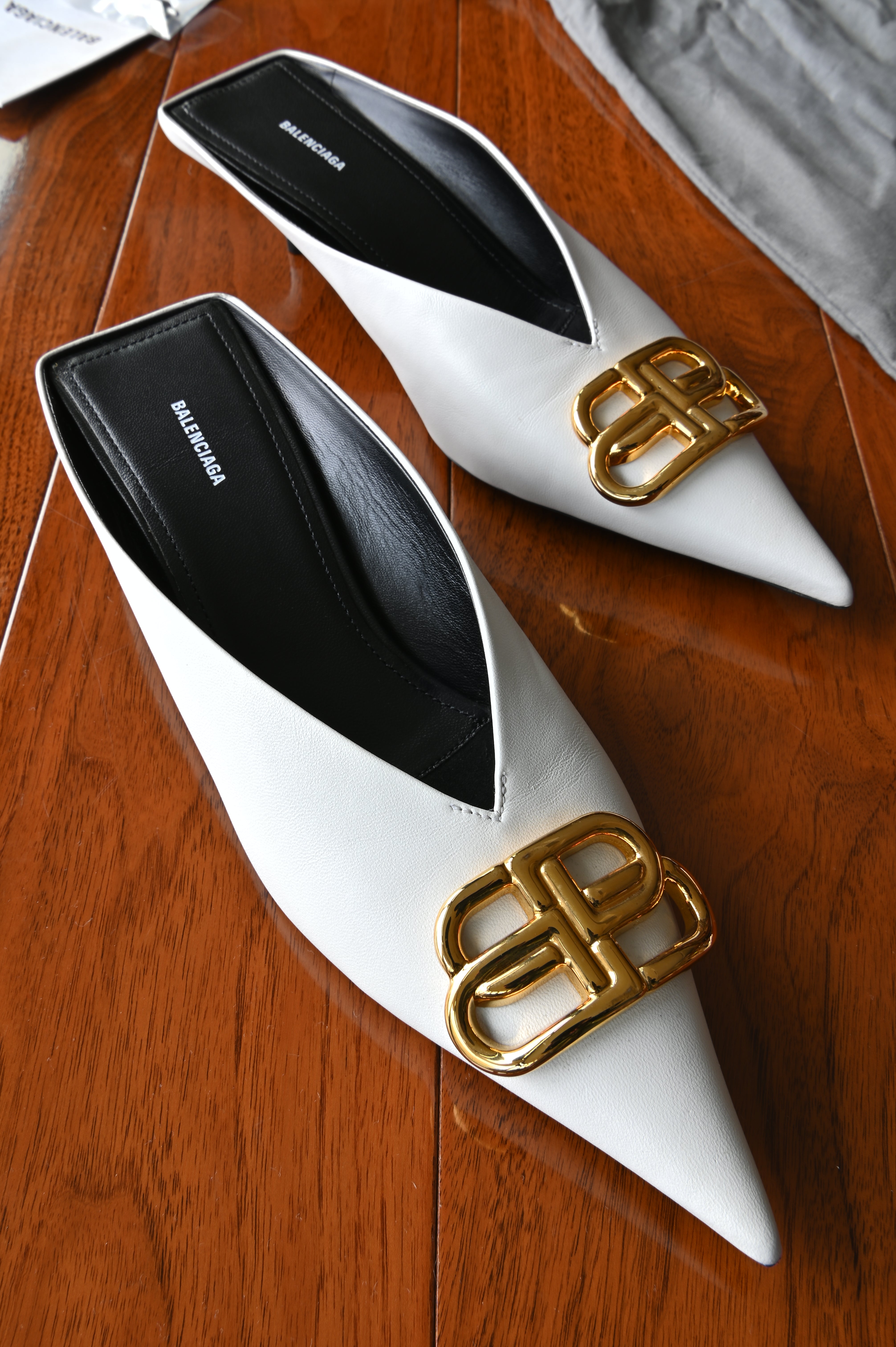 Balenciaga White BB Gold Logo Mules