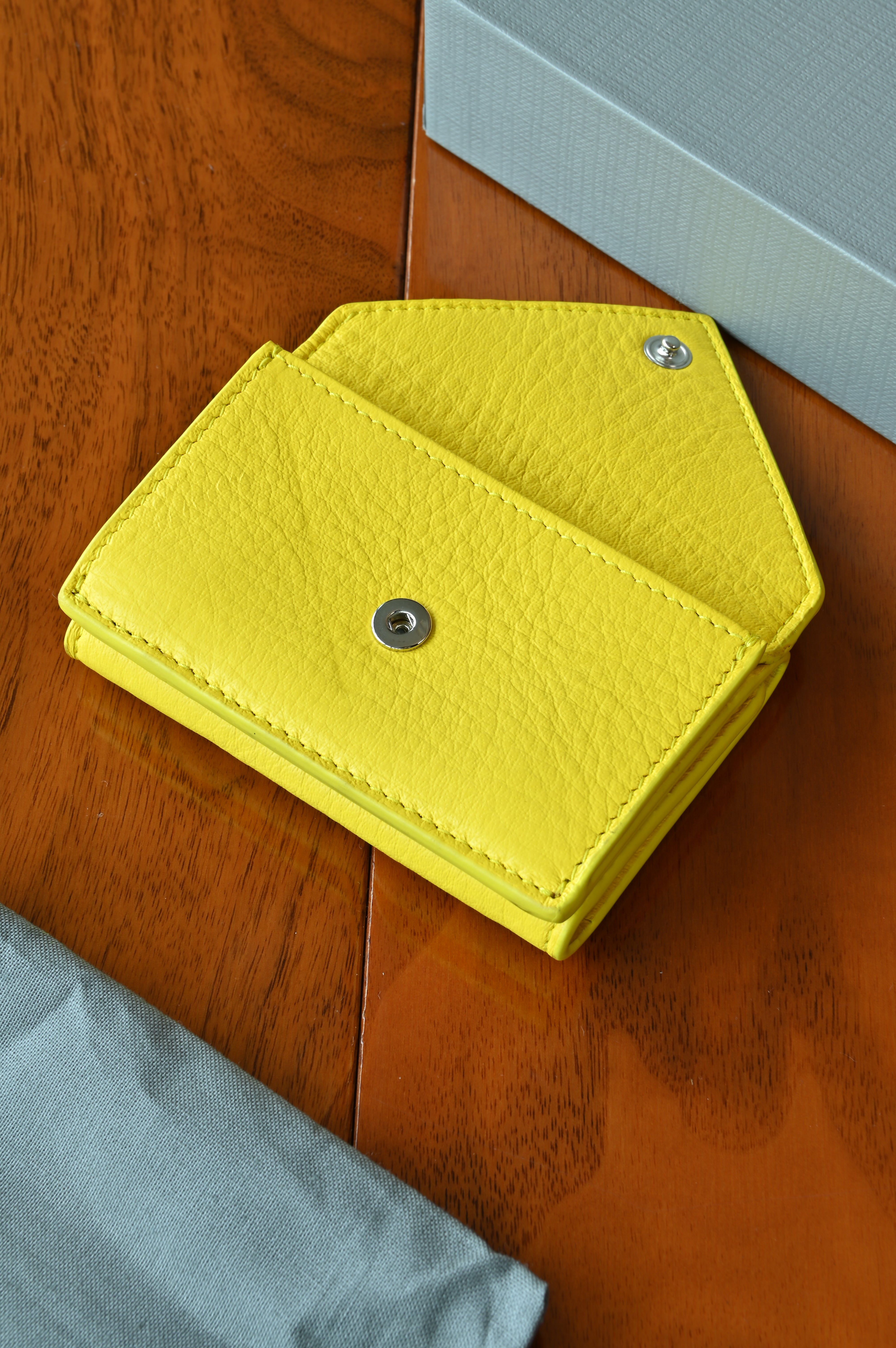 Balenciaga Yellow Trifold Compact Wallet open