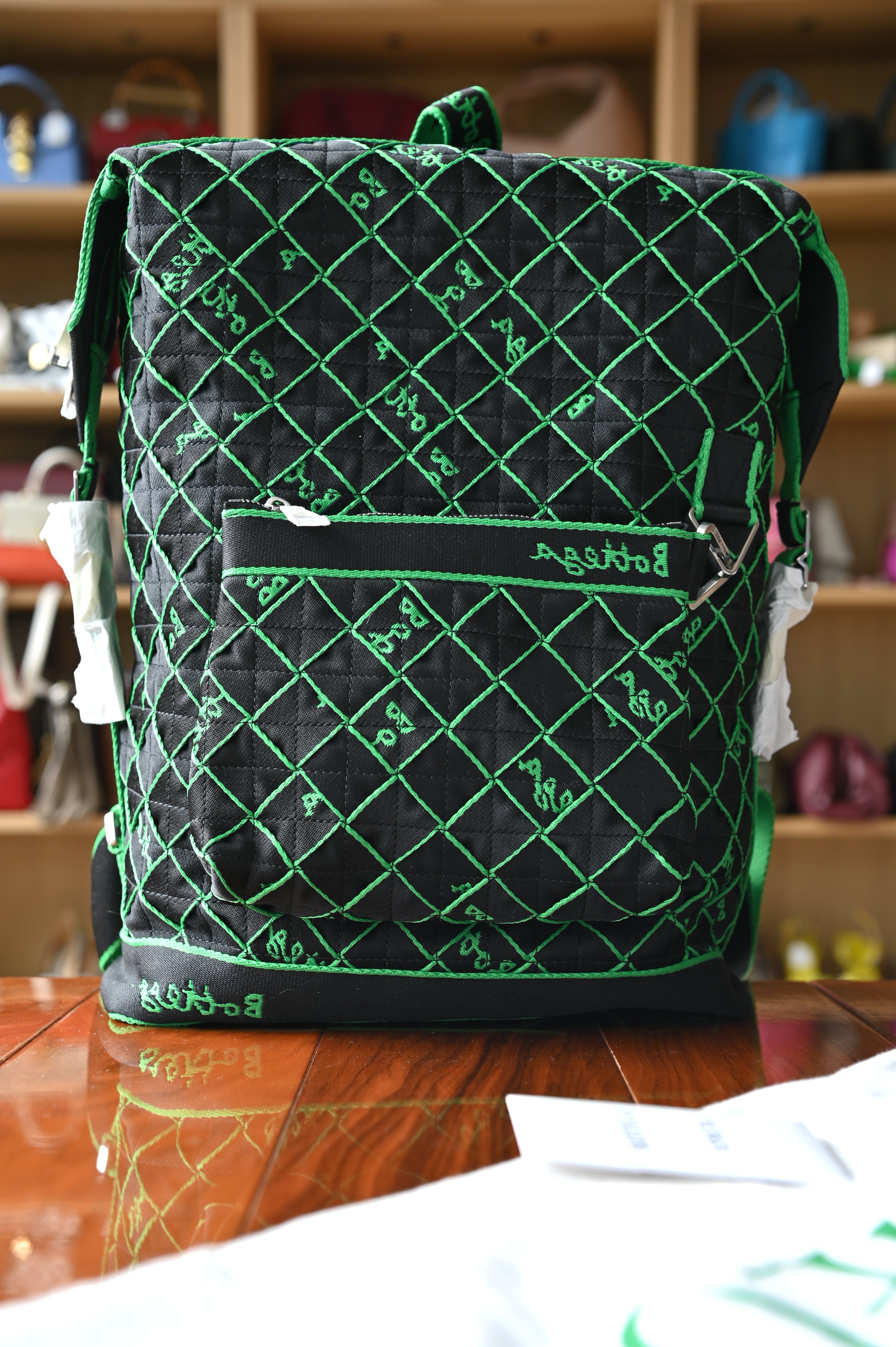 Bottega Veneta Black Green Travel Backpack