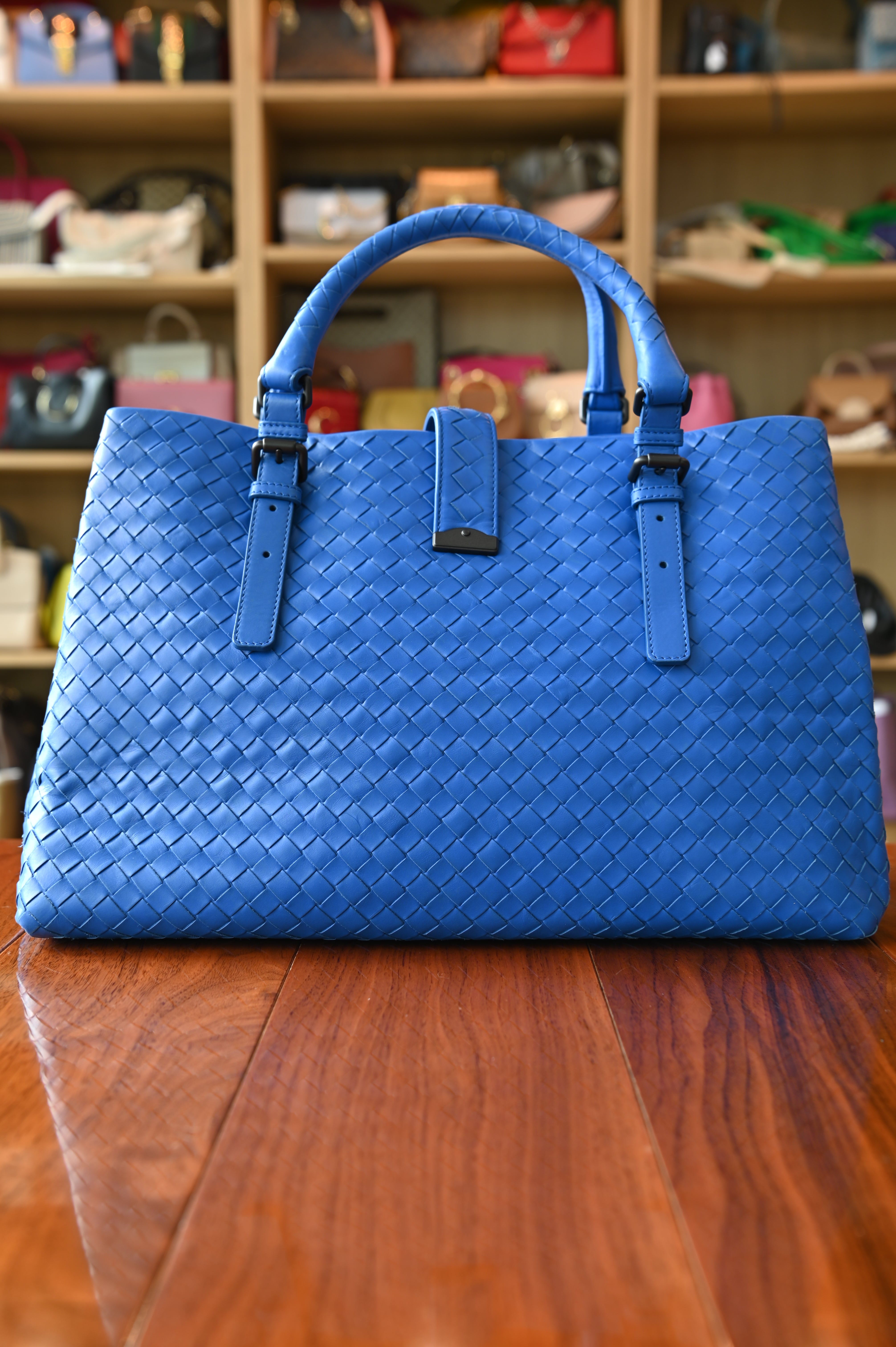 Bottega Veneta Blue Woven Intrecciato Top Handle Bag back