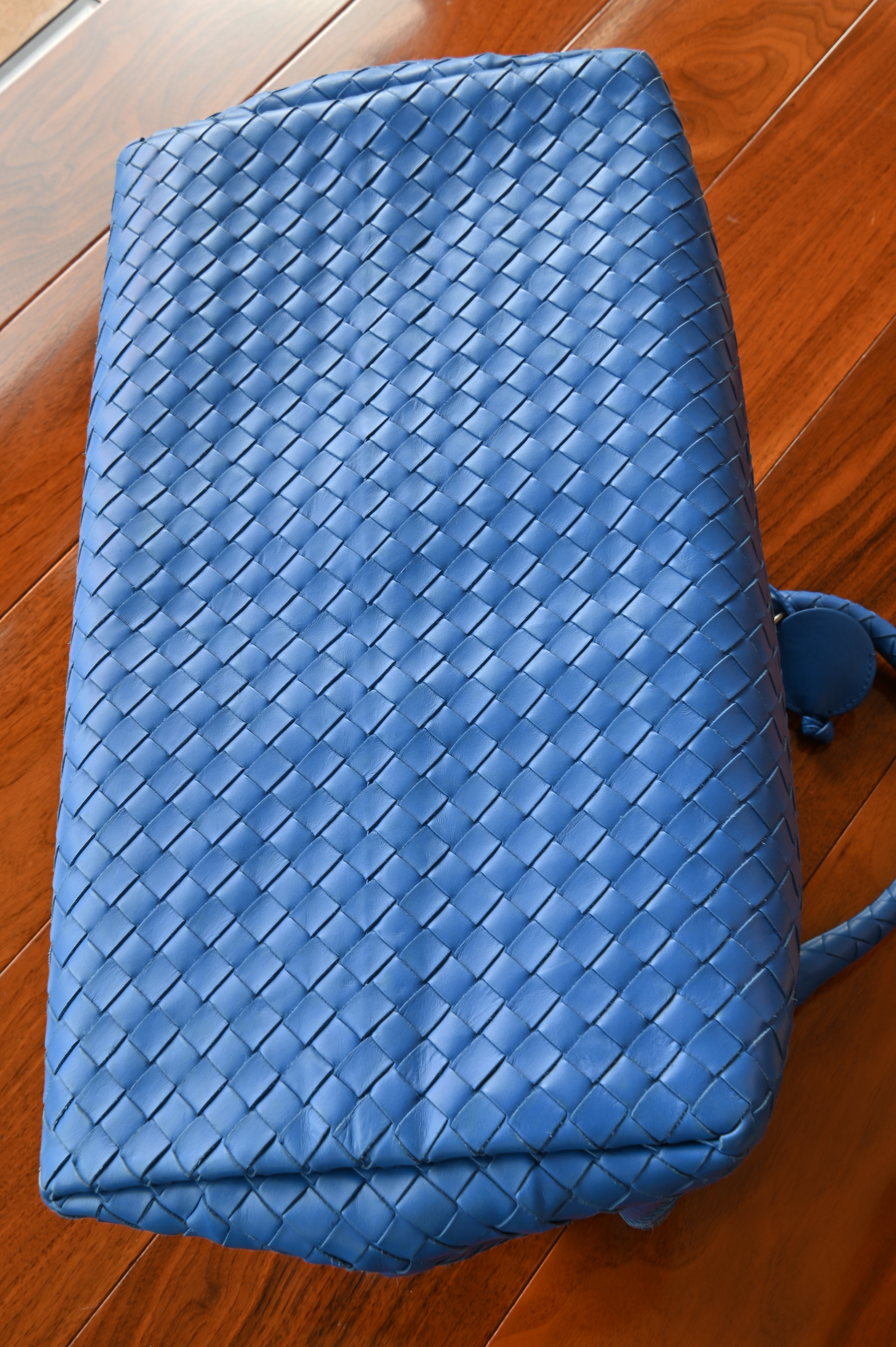 Bottega Veneta Blue Woven Intrecciato Top Handle Bag bottom