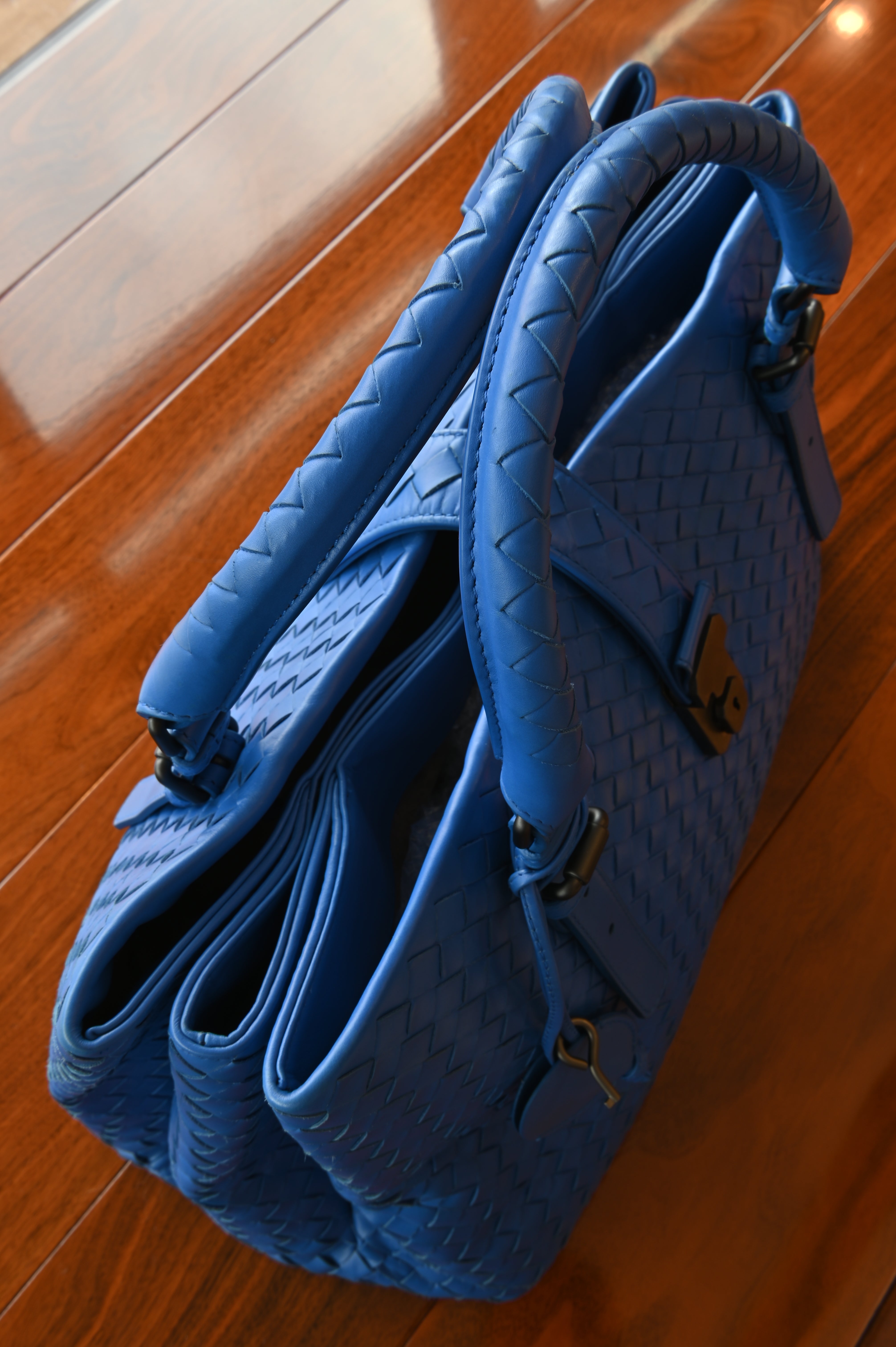 Bottega Veneta Blue Woven Intrecciato Top Handle Bag top
