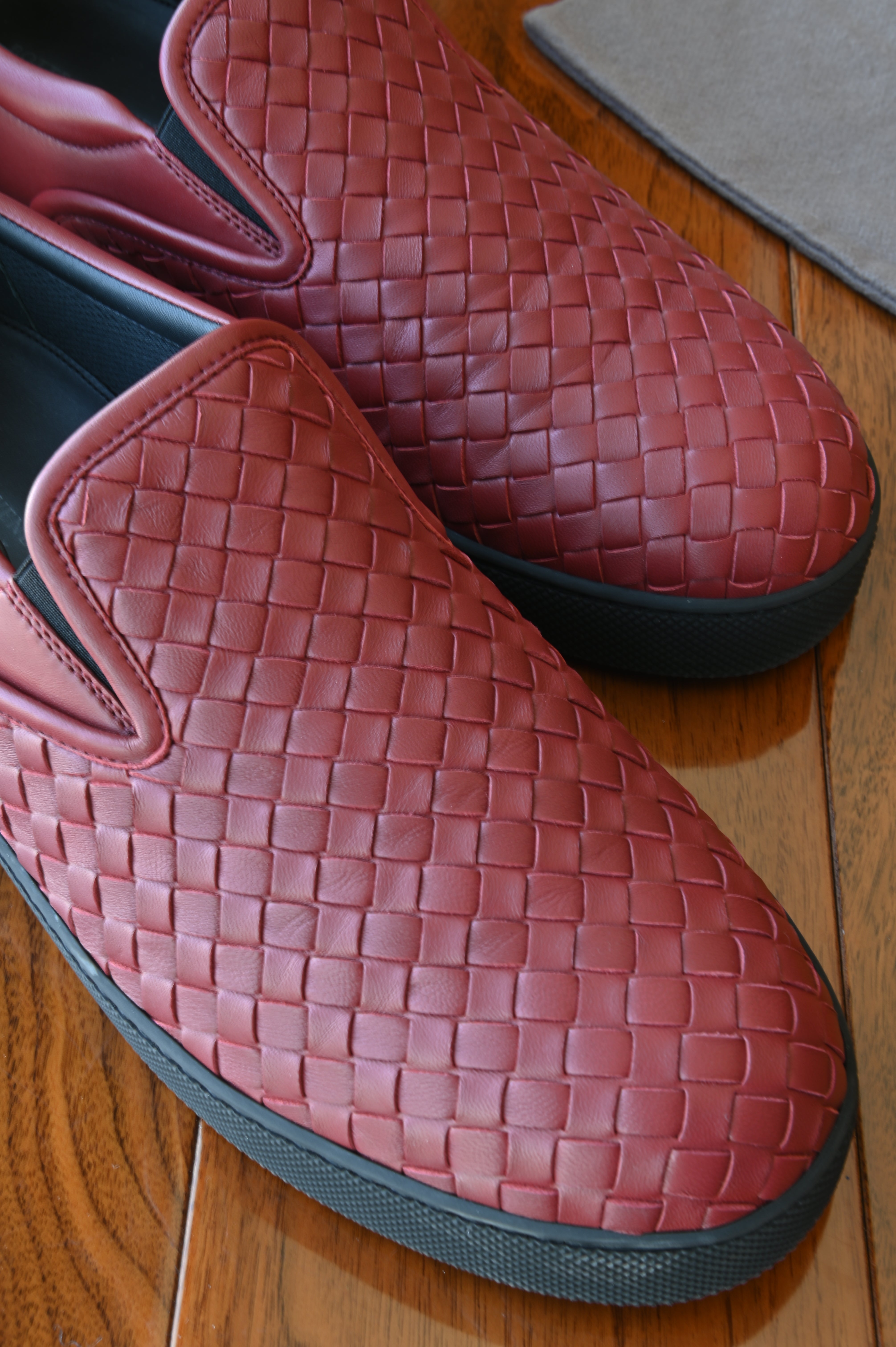 Bottega Veneta Red Leather Intrecciato Slip On Sneakers front