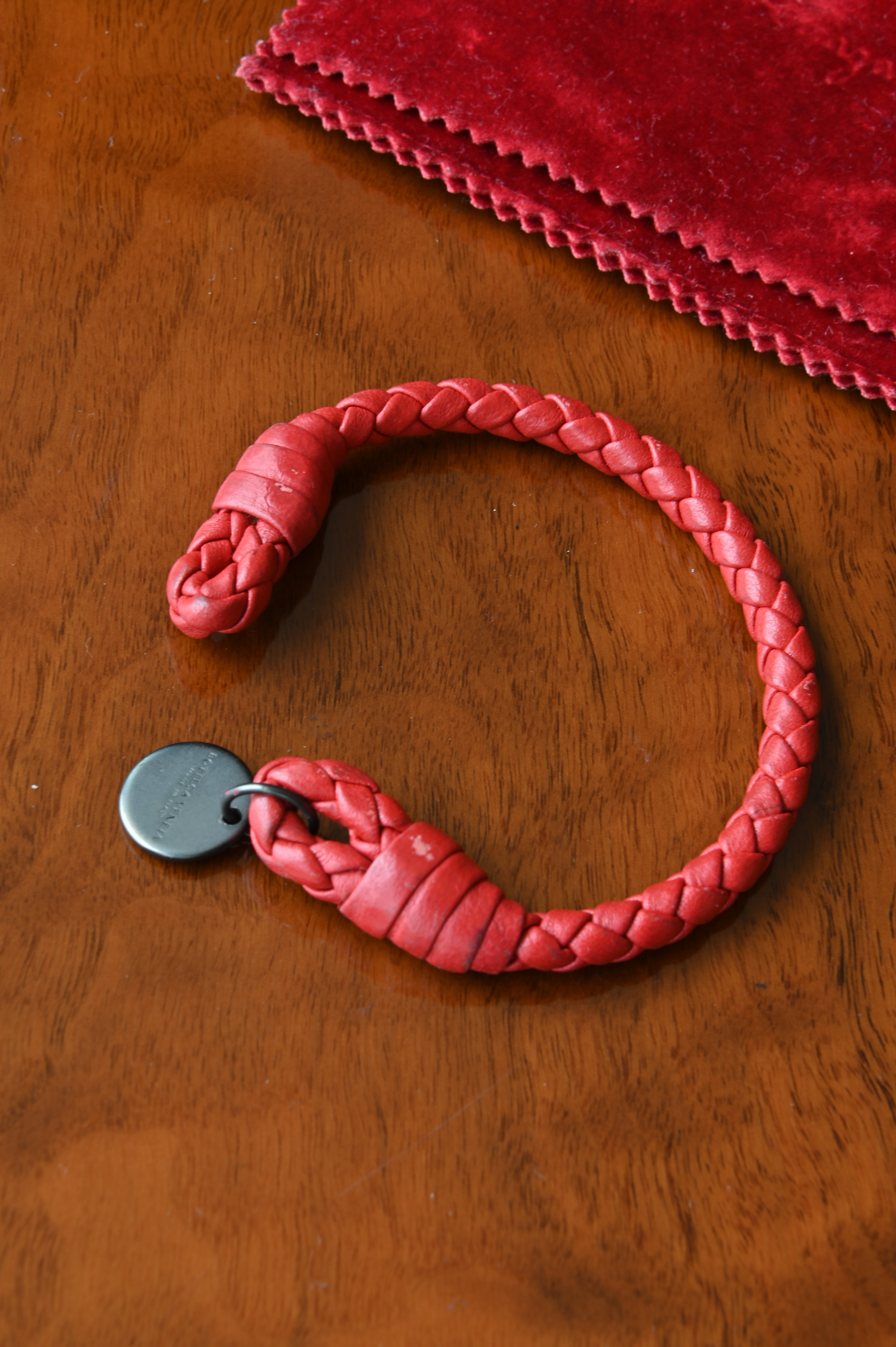 Bottega Veneta Red Woven Bracelet angle two