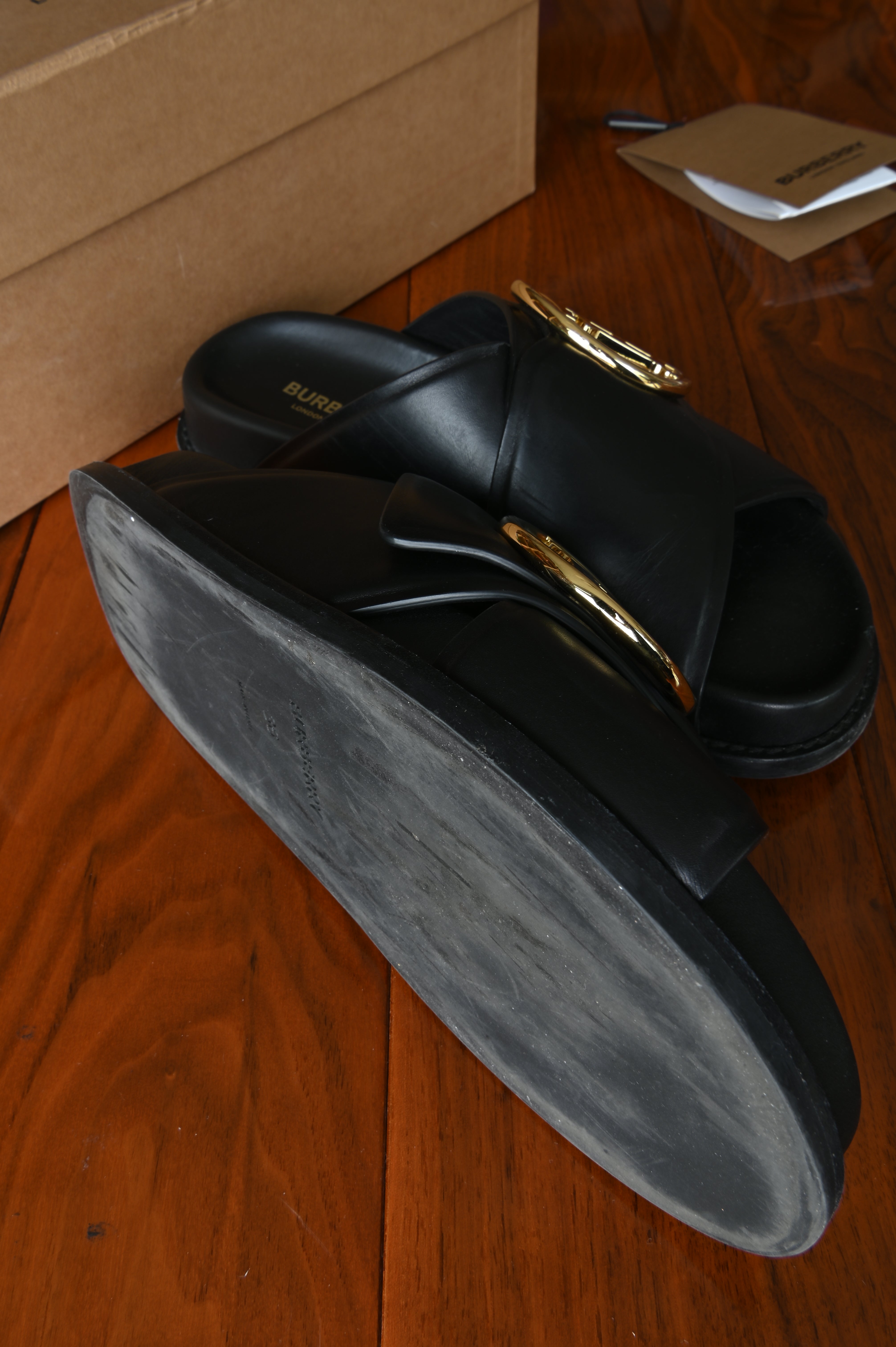 Burberry Black Leather Slides left