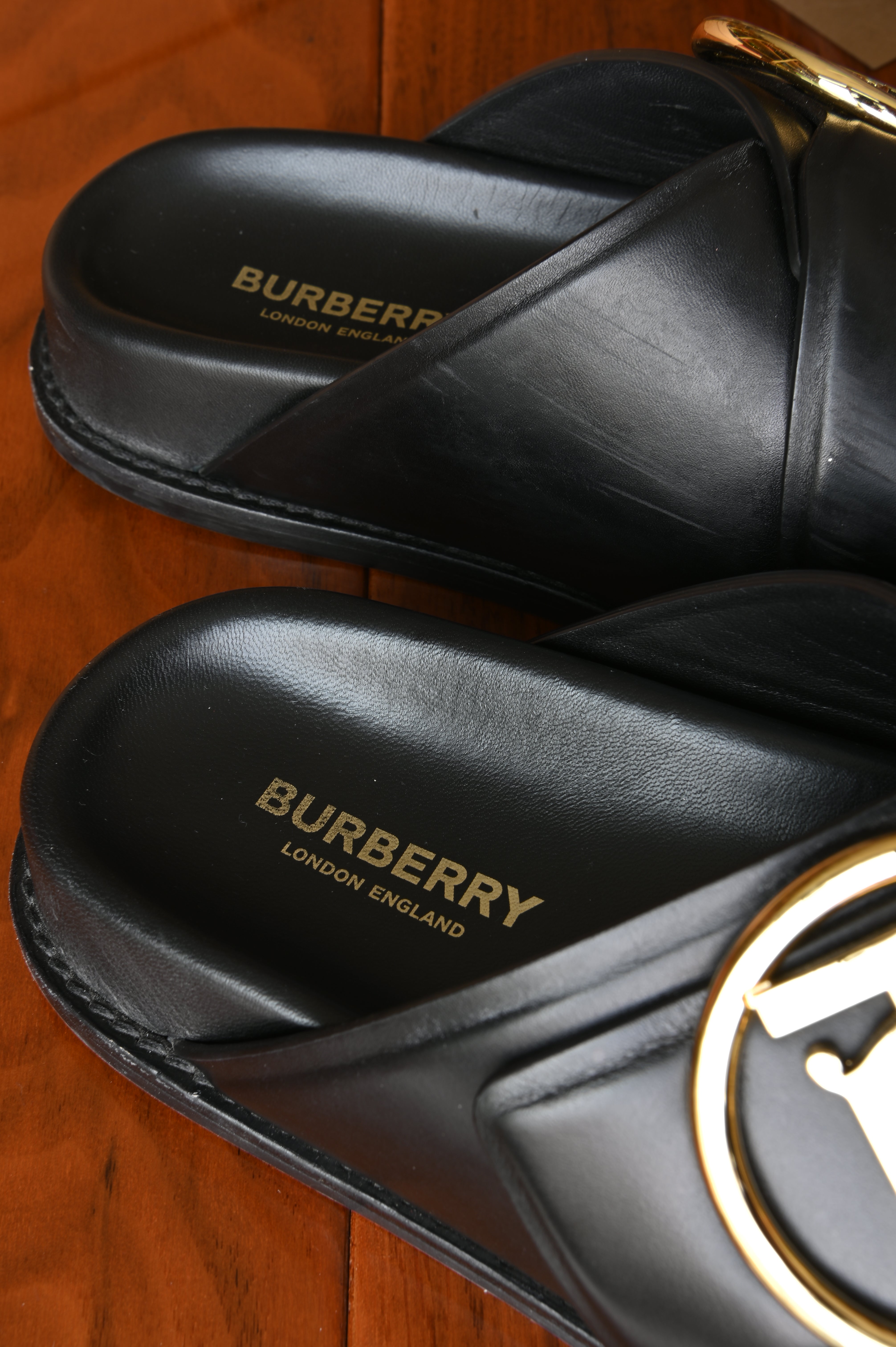 Burberry Black Leather Slides logo