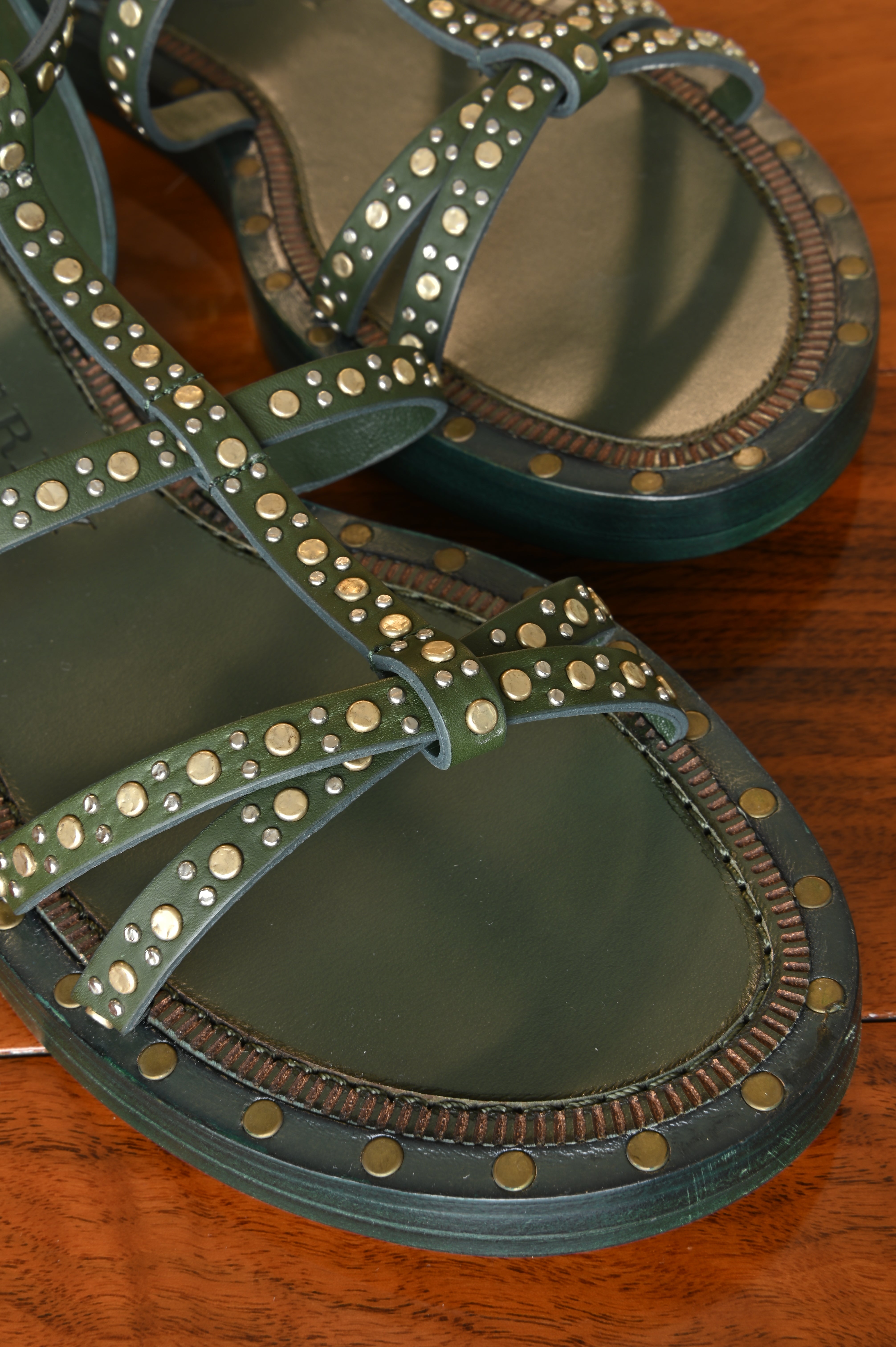 Burberry Green Studded Flat Sandals front