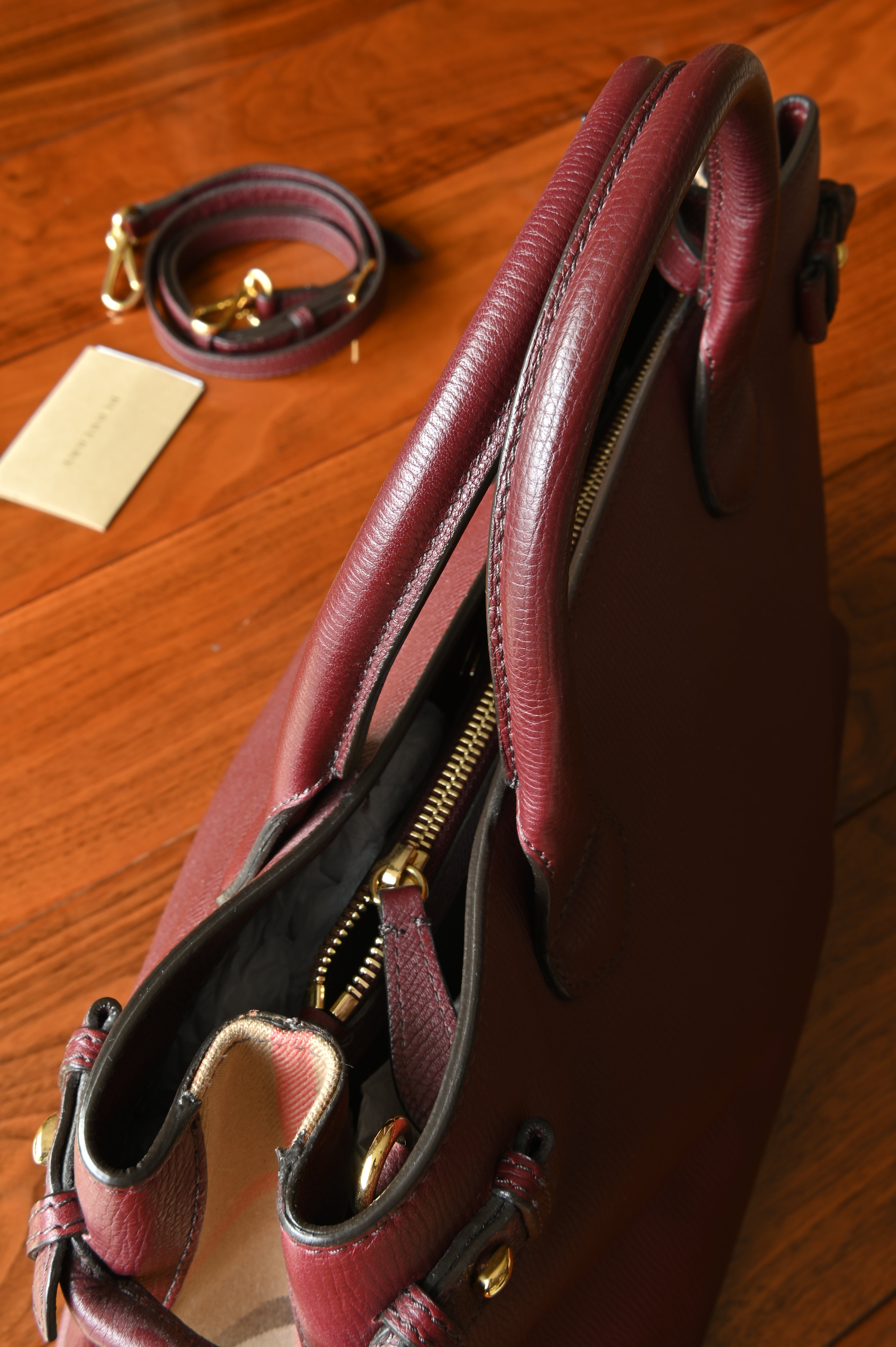 Burberry Maroon Banner Tote Bag handle