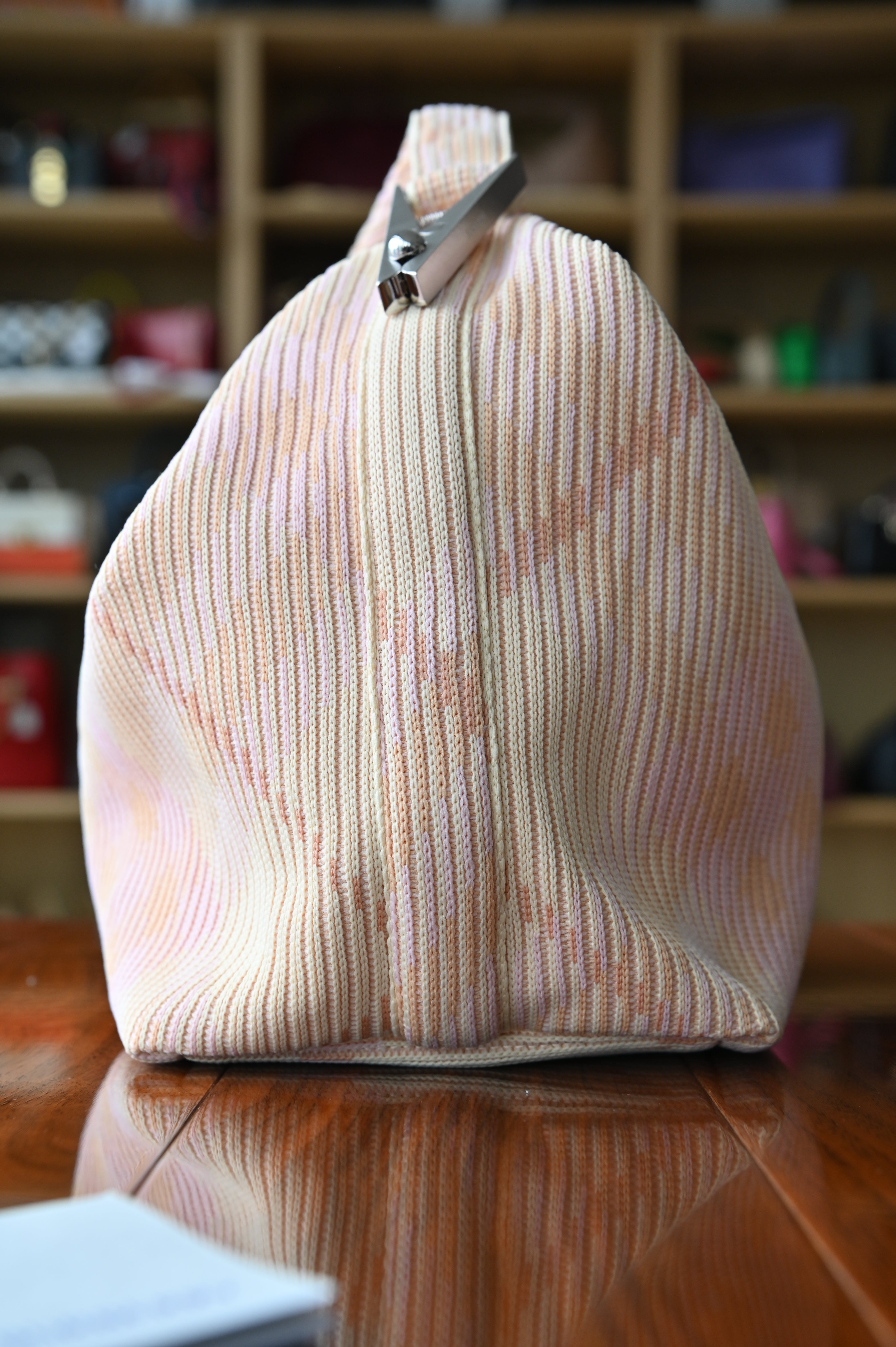 Burberry Peg Handle Pink Beige Knit Hobo Bag side two