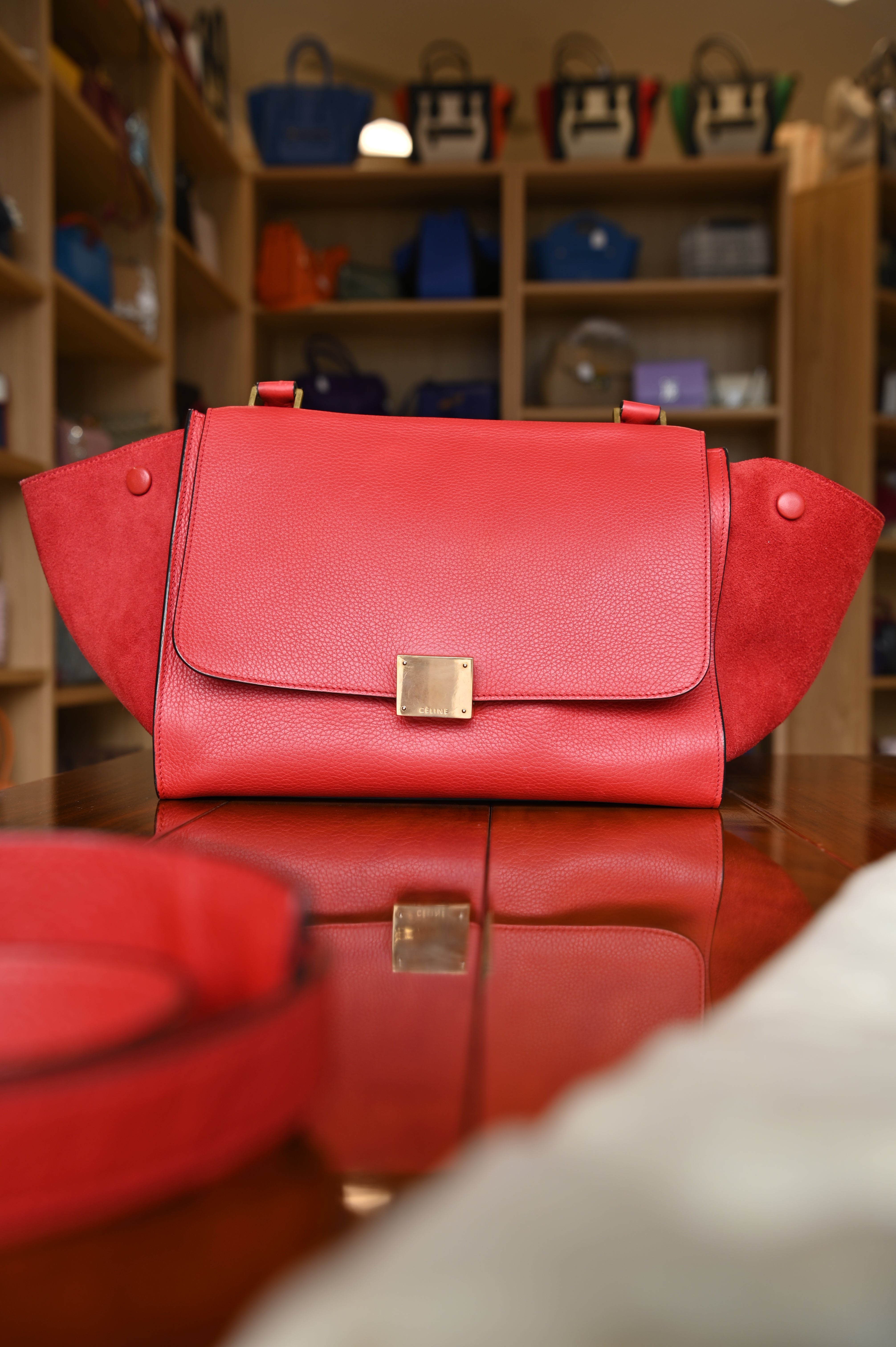 Celine Red LUGGAGE Split Leather Handbag