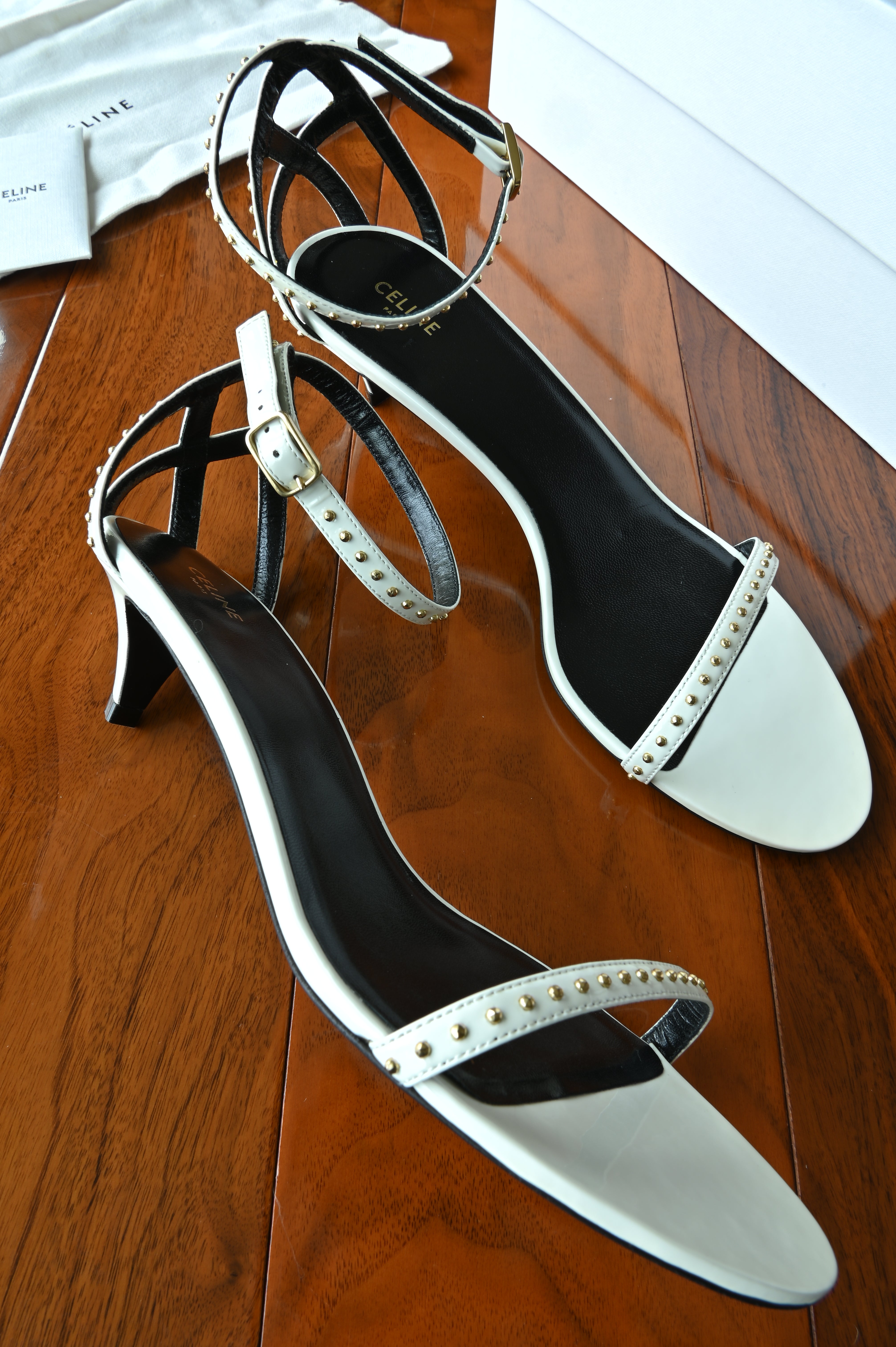 Celine White Ankle Strap Sandals left