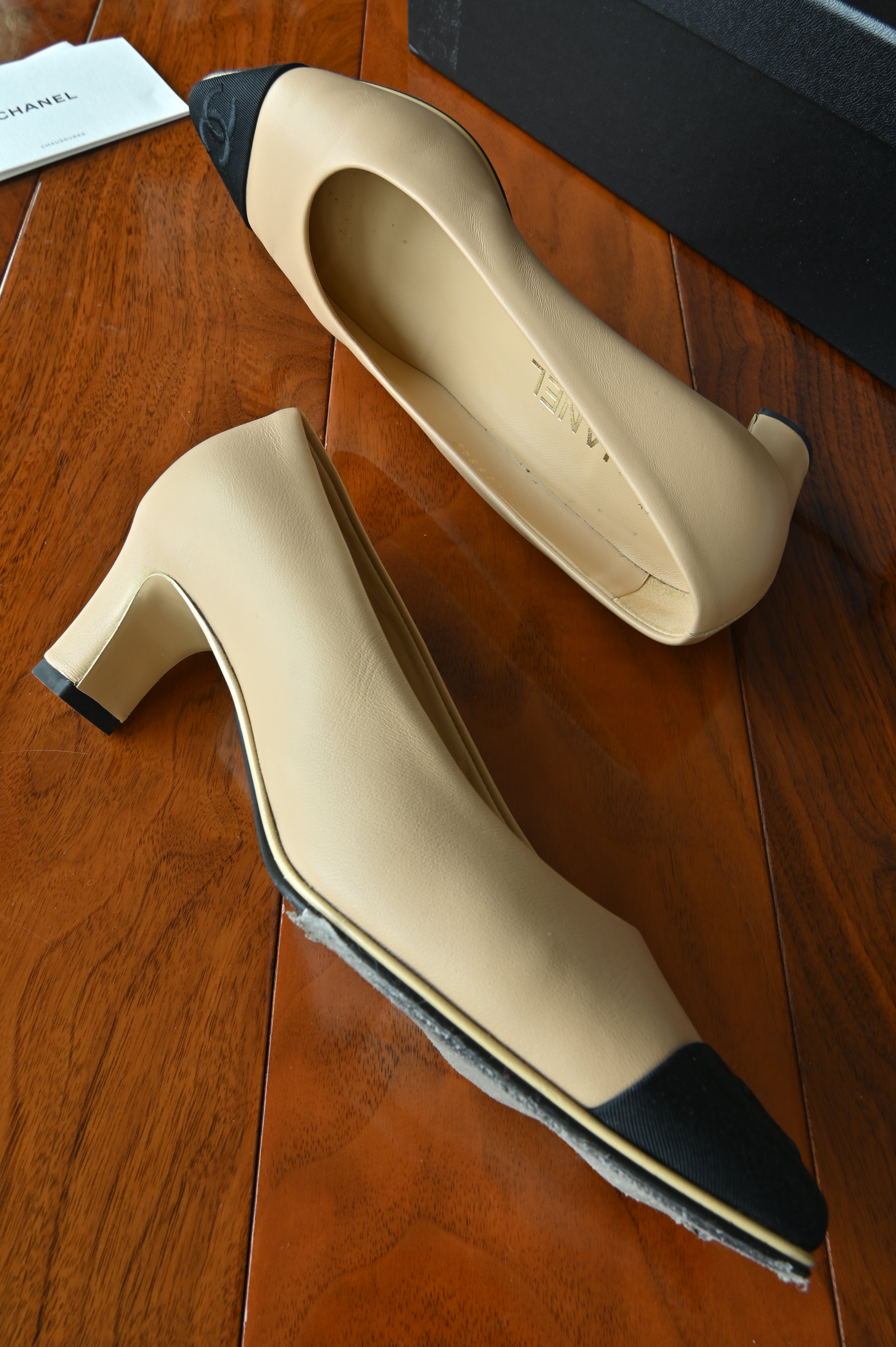 Chanel Beige Black Block Heel Pumps side