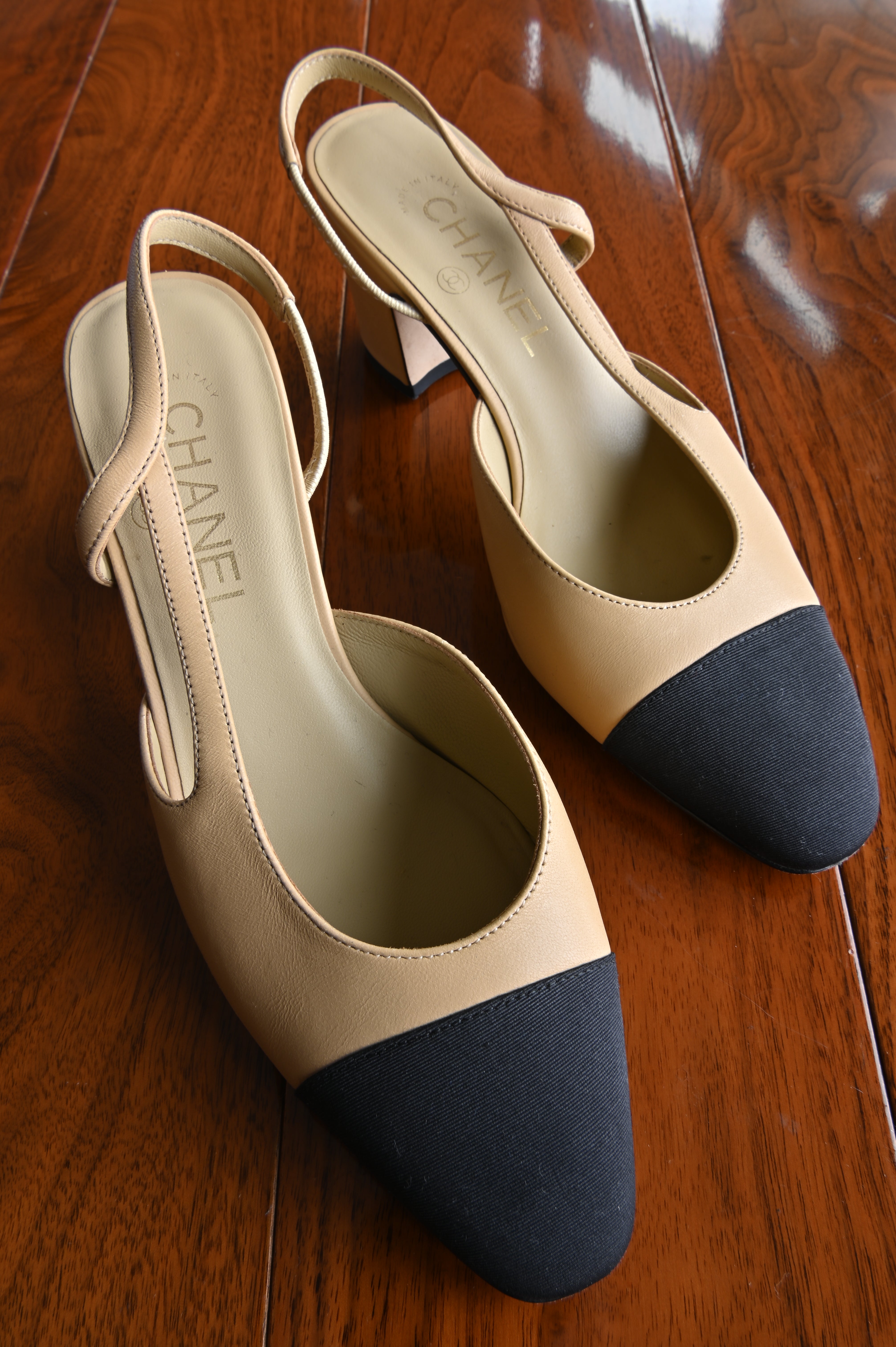 Chanel Beige Black Slingback Heels