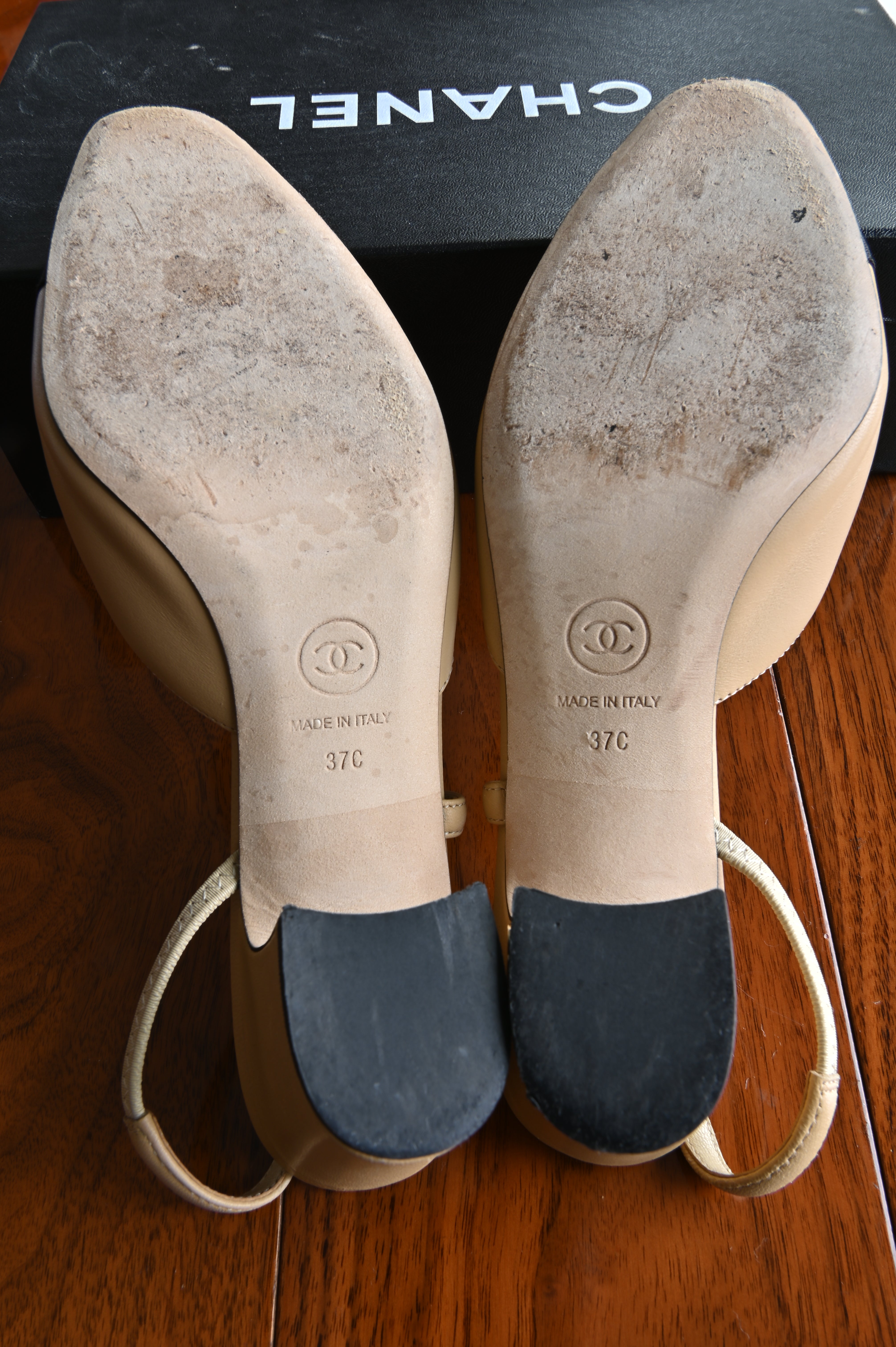 Chanel Beige Black Slingback Heels bottom