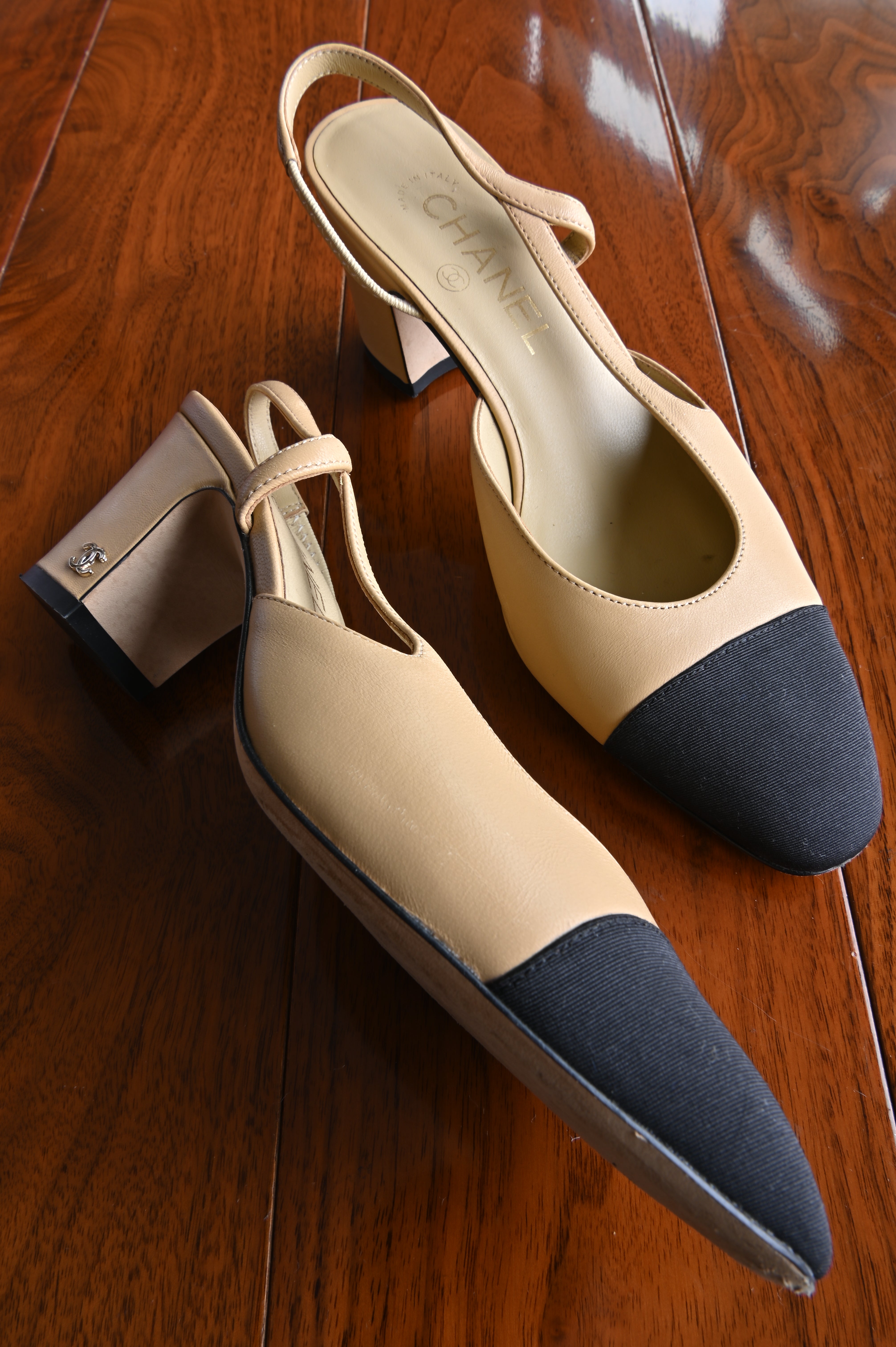 Chanel Beige Black Slingback Heels left