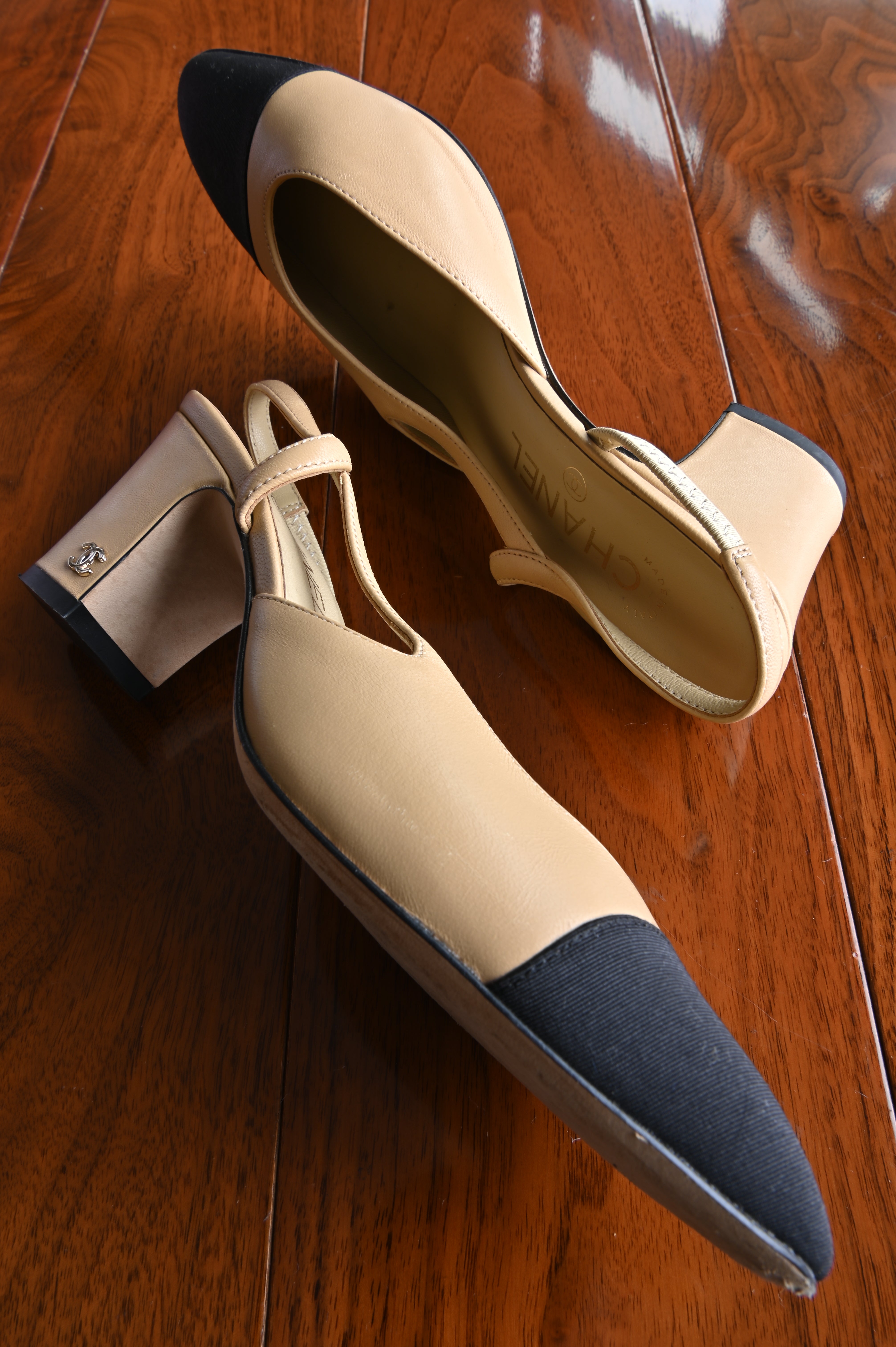 Chanel Beige Black Slingback Heels side