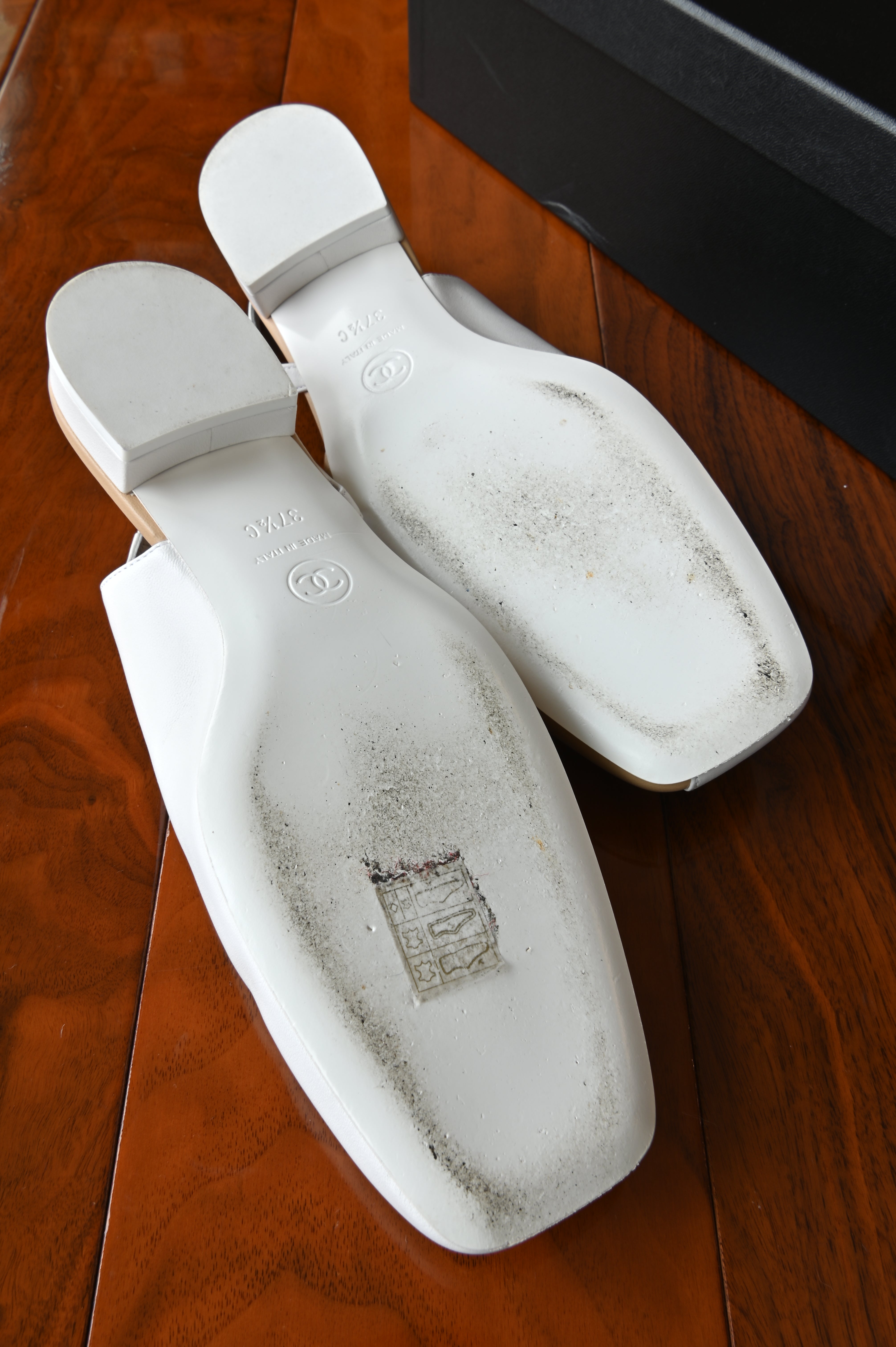 Chanel Beige White Leather Slingback Flats bottom