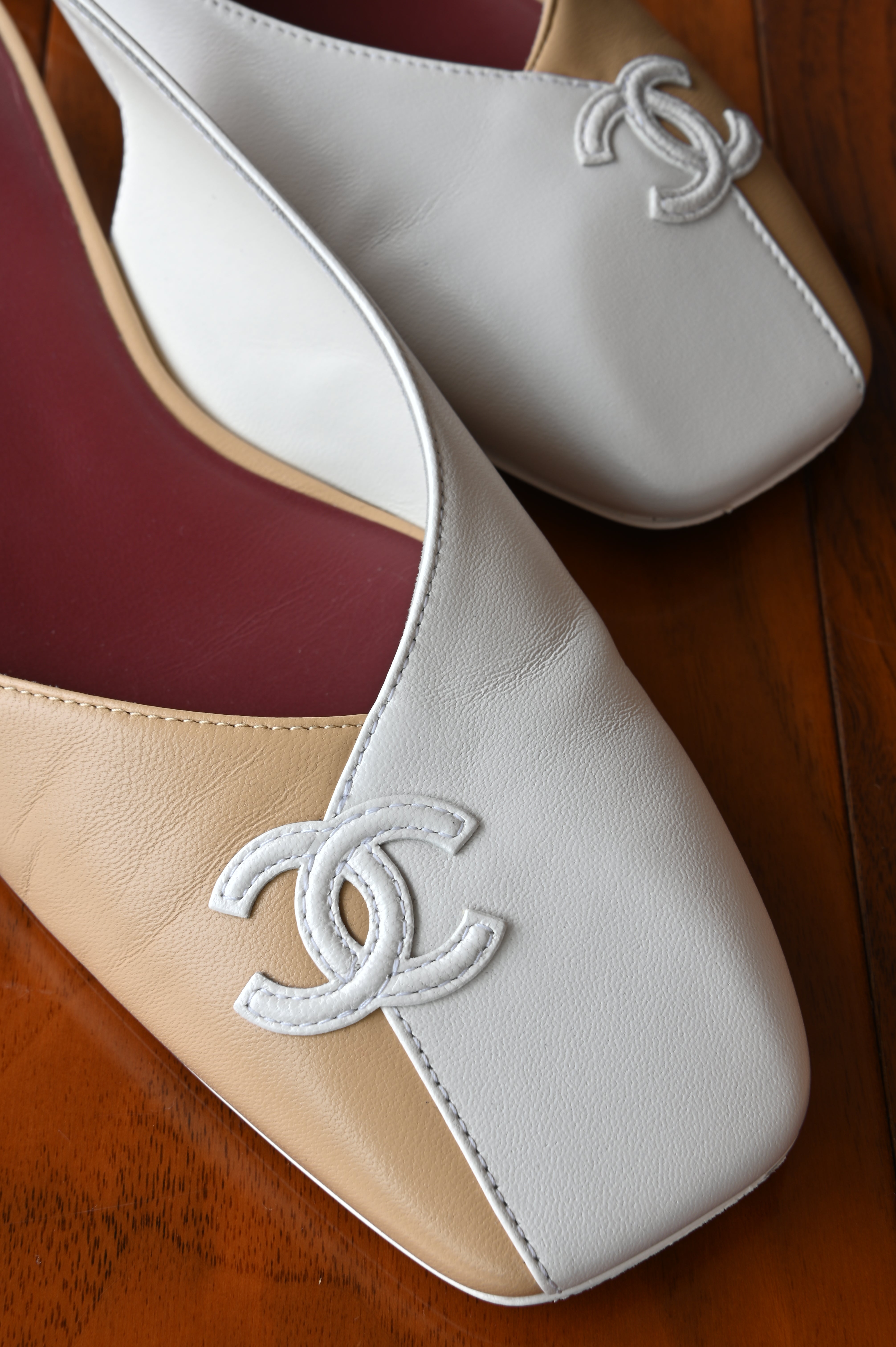 Chanel Beige White Leather Slingback Flats front