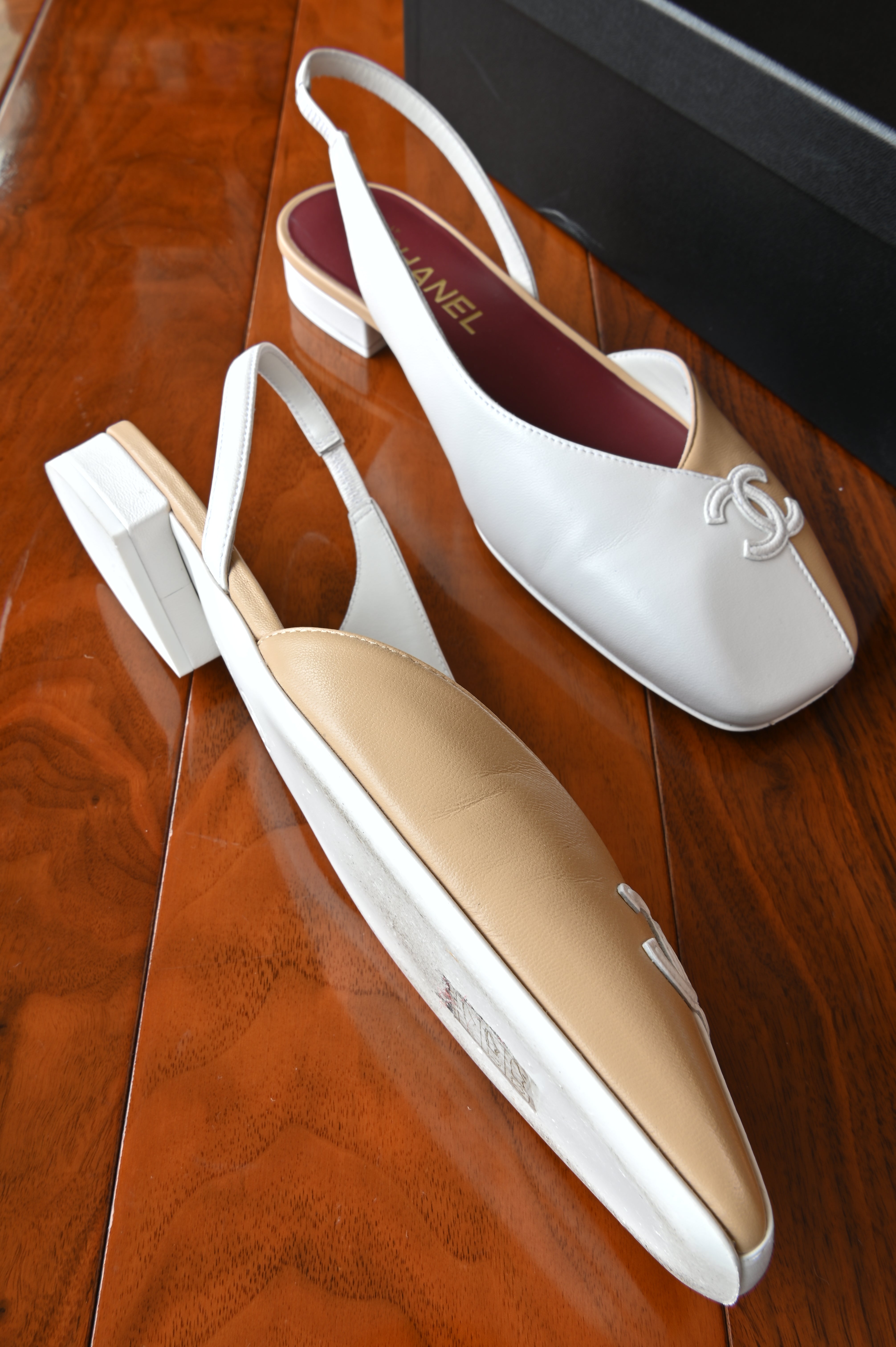 Chanel Beige White Leather Slingback Flats left