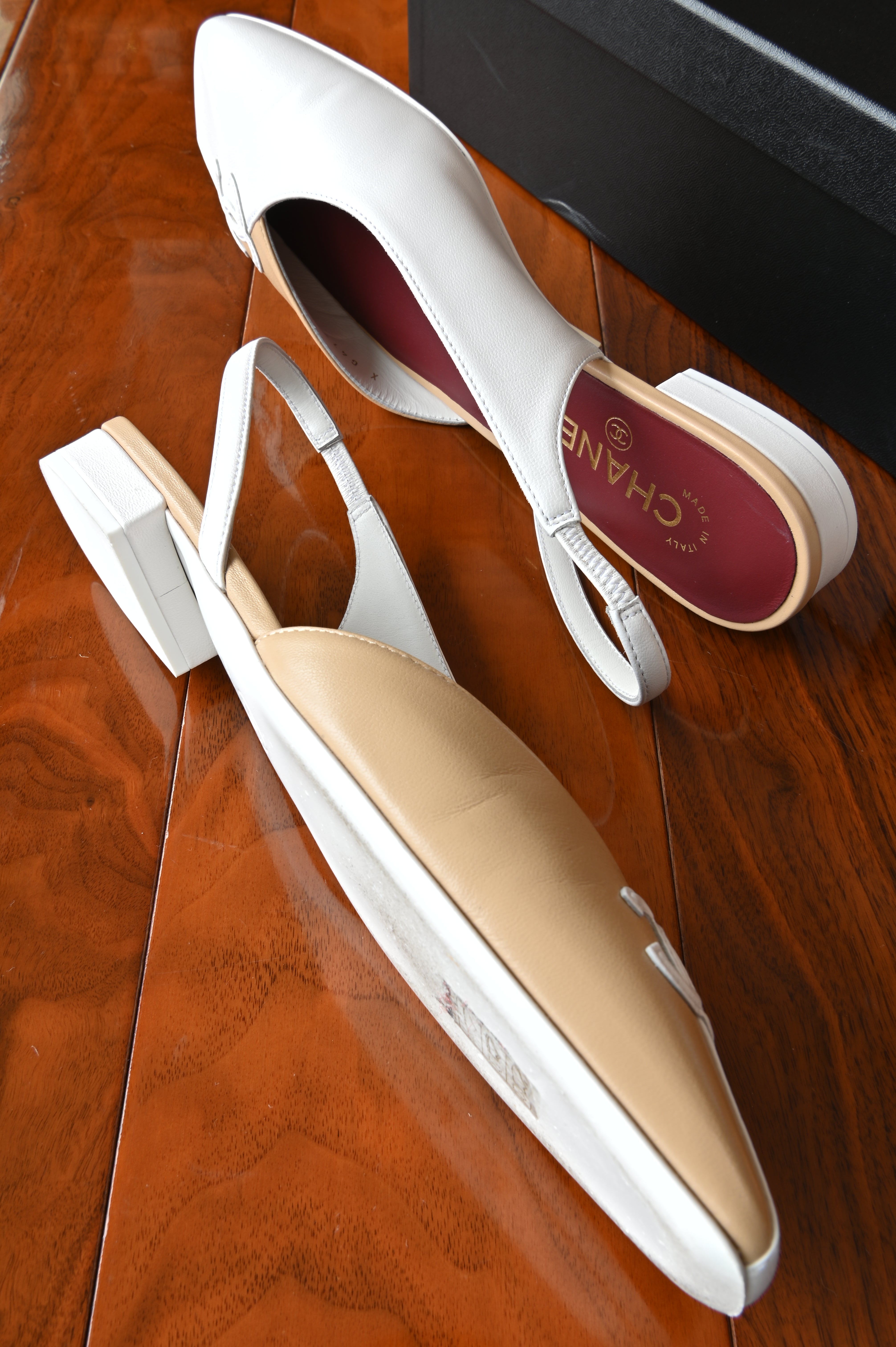 Chanel Beige White Leather Slingback Flats side