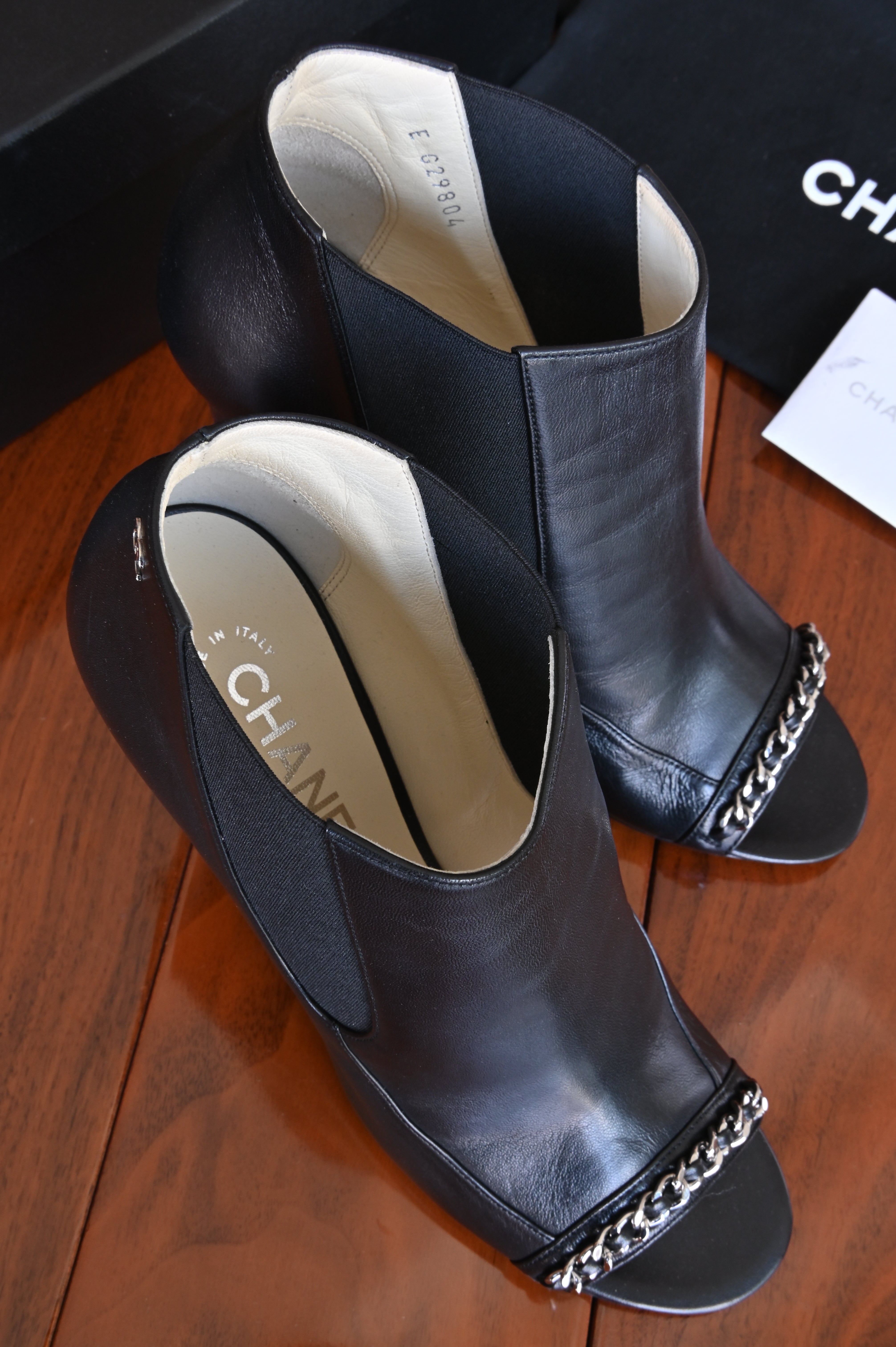 Chanel Black Leather Chain Open Boots