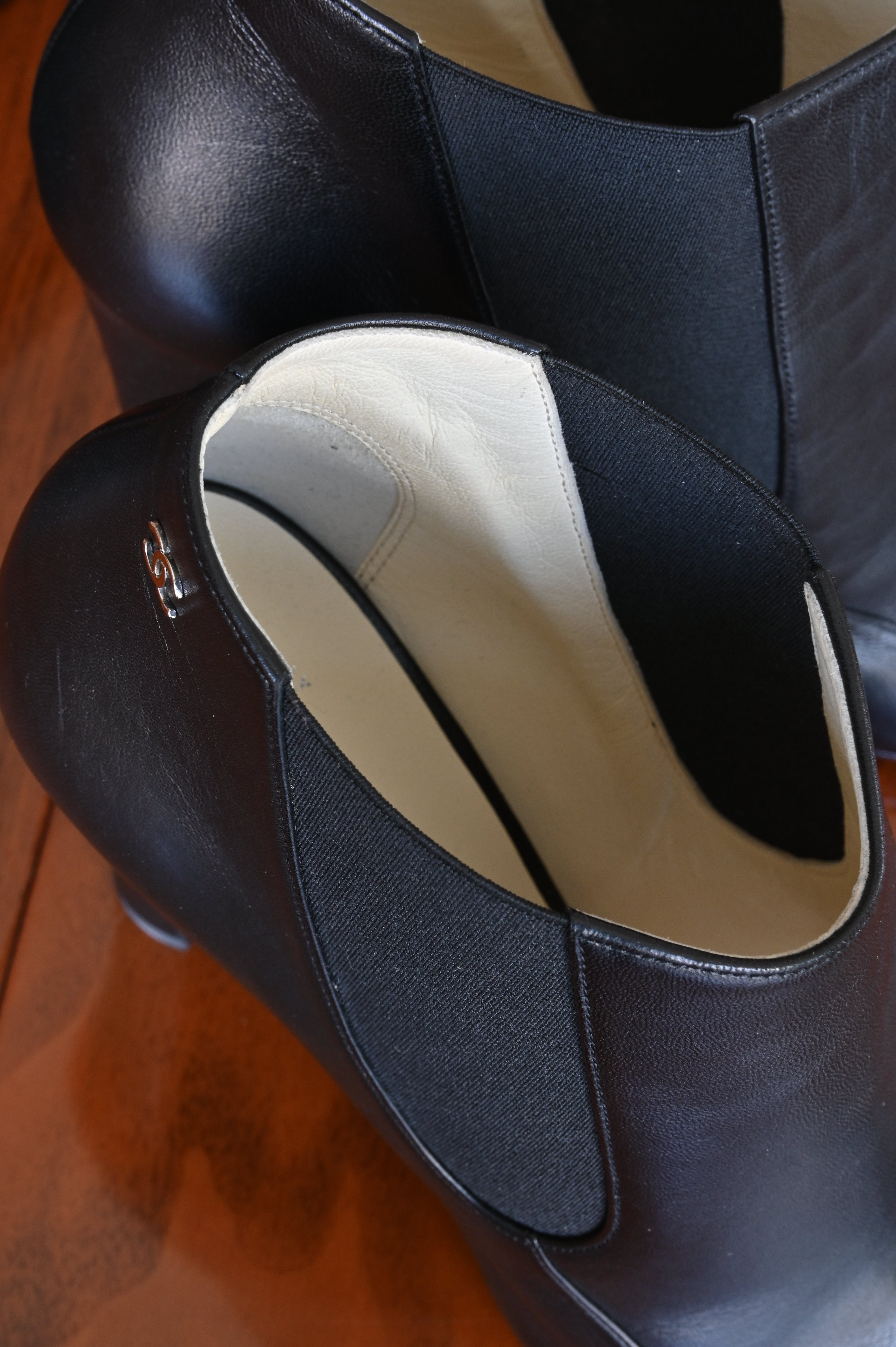 Chanel Black Leather Chain Open Boots hem