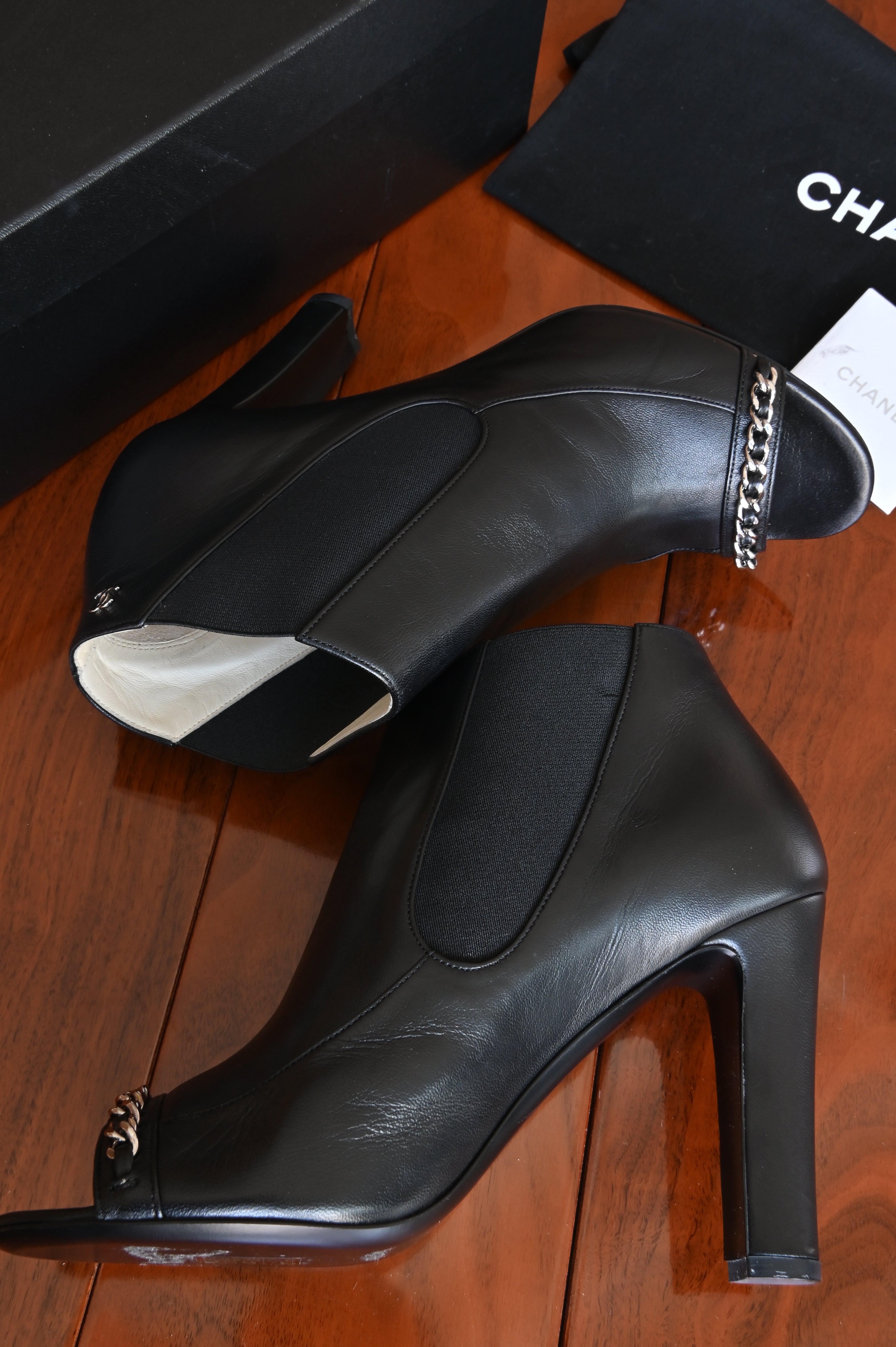 Chanel Black Leather Chain Open Boots side two