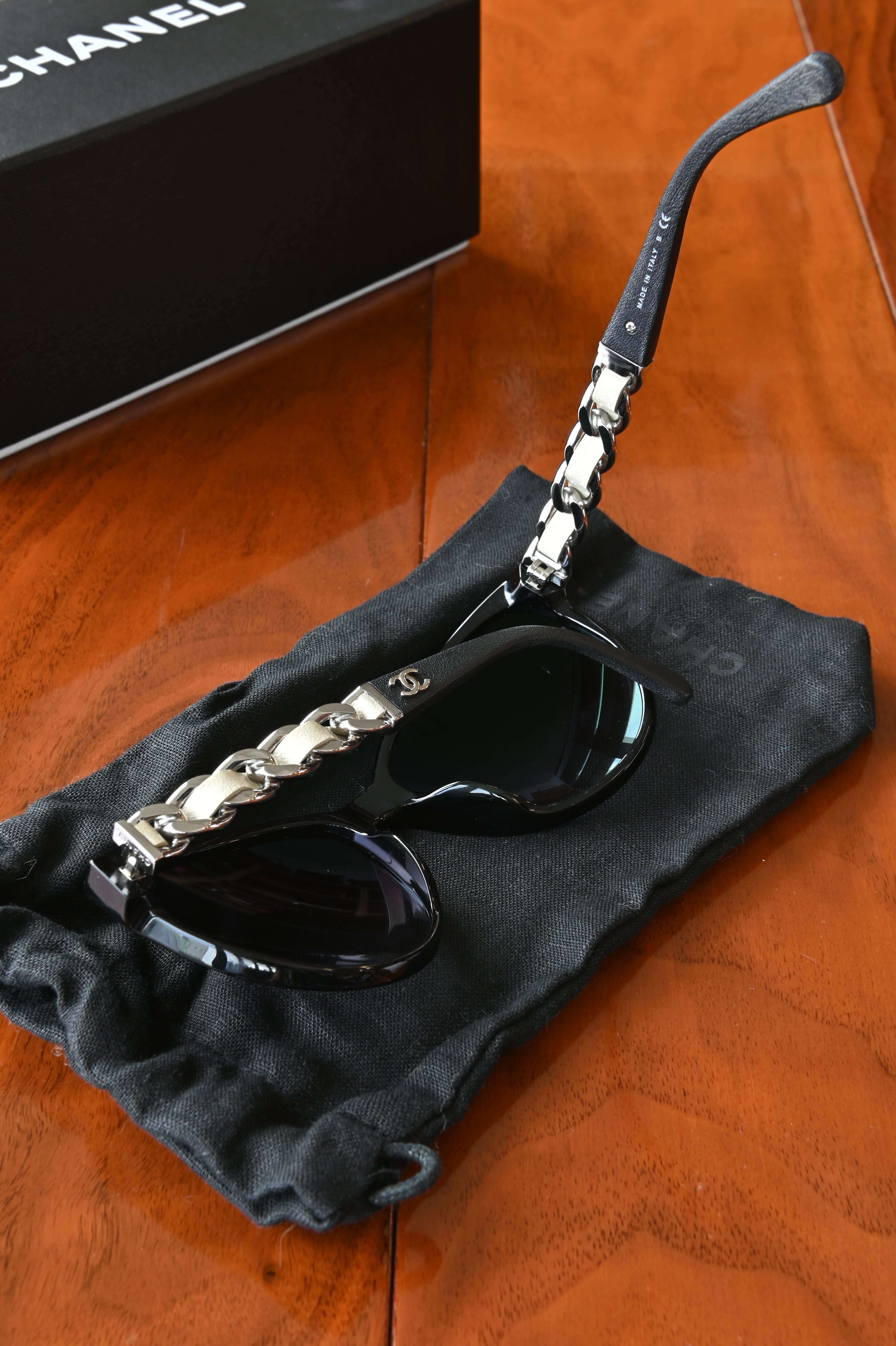 Chanel Black White Silver Sunglasses right