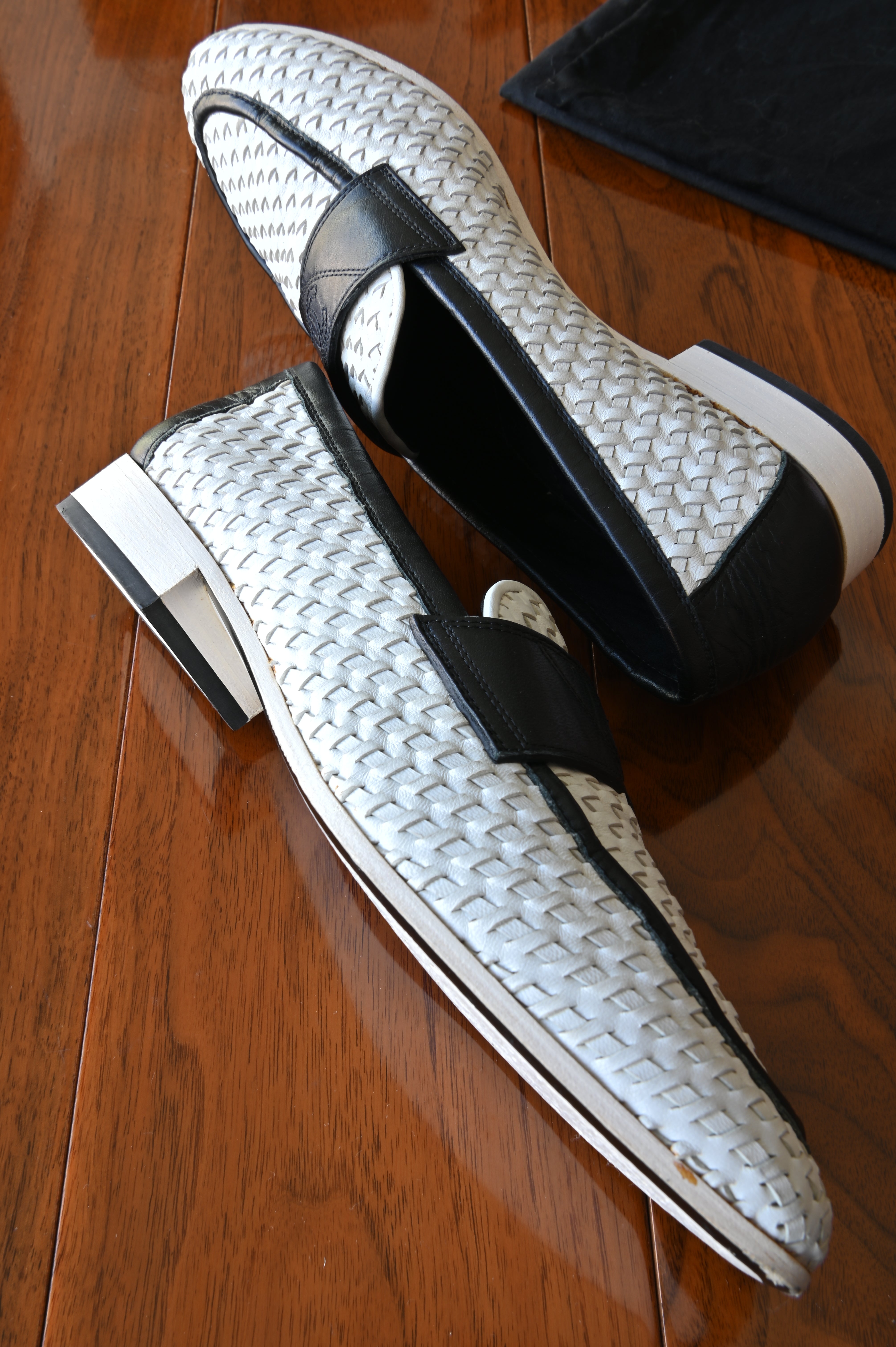 Chanel Black White Woven Leather Loafers side