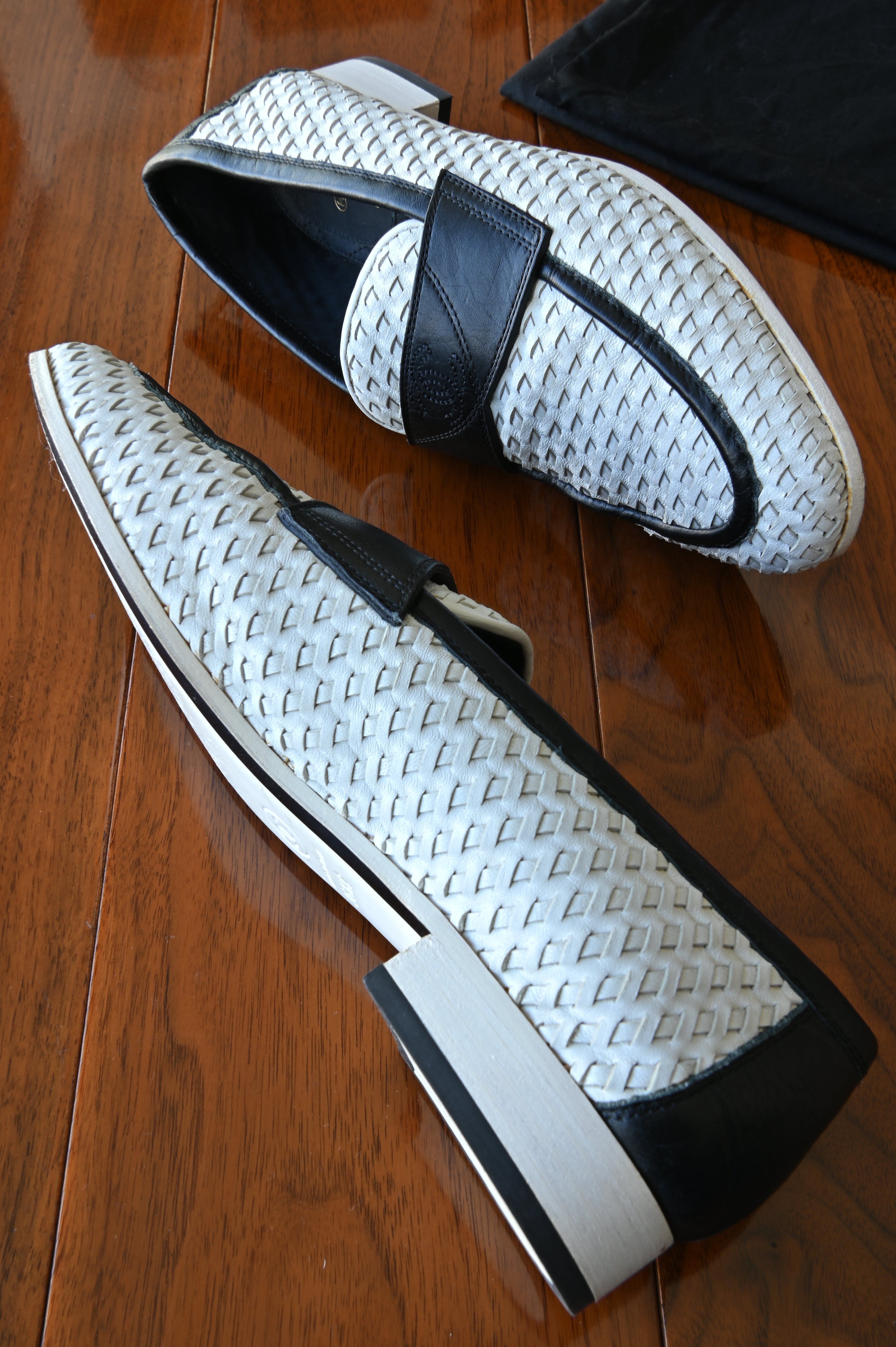 Chanel Black White Woven Leather Loafers side two