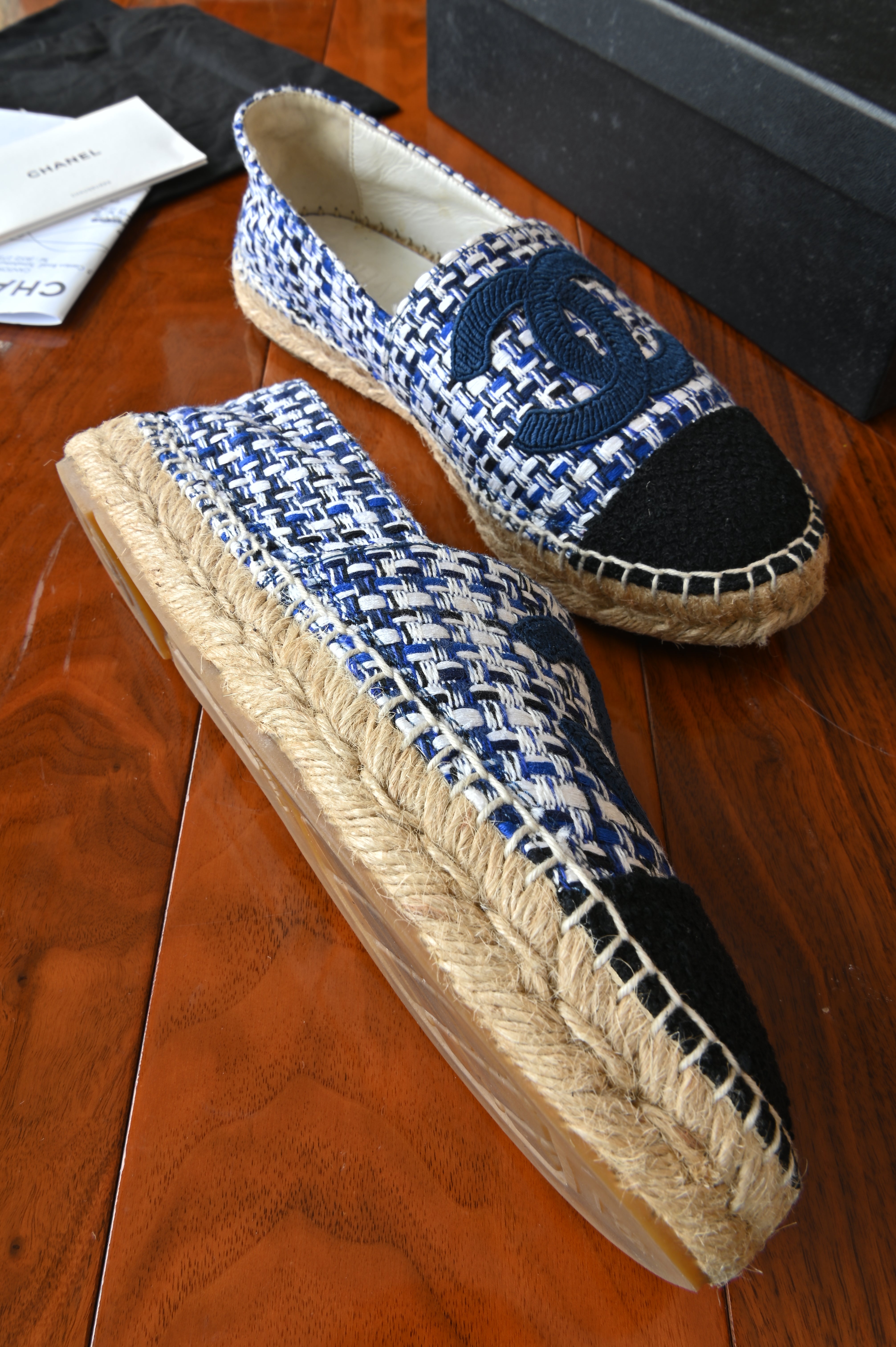 Chanel Blue Tweed Espadrilles Loafers left