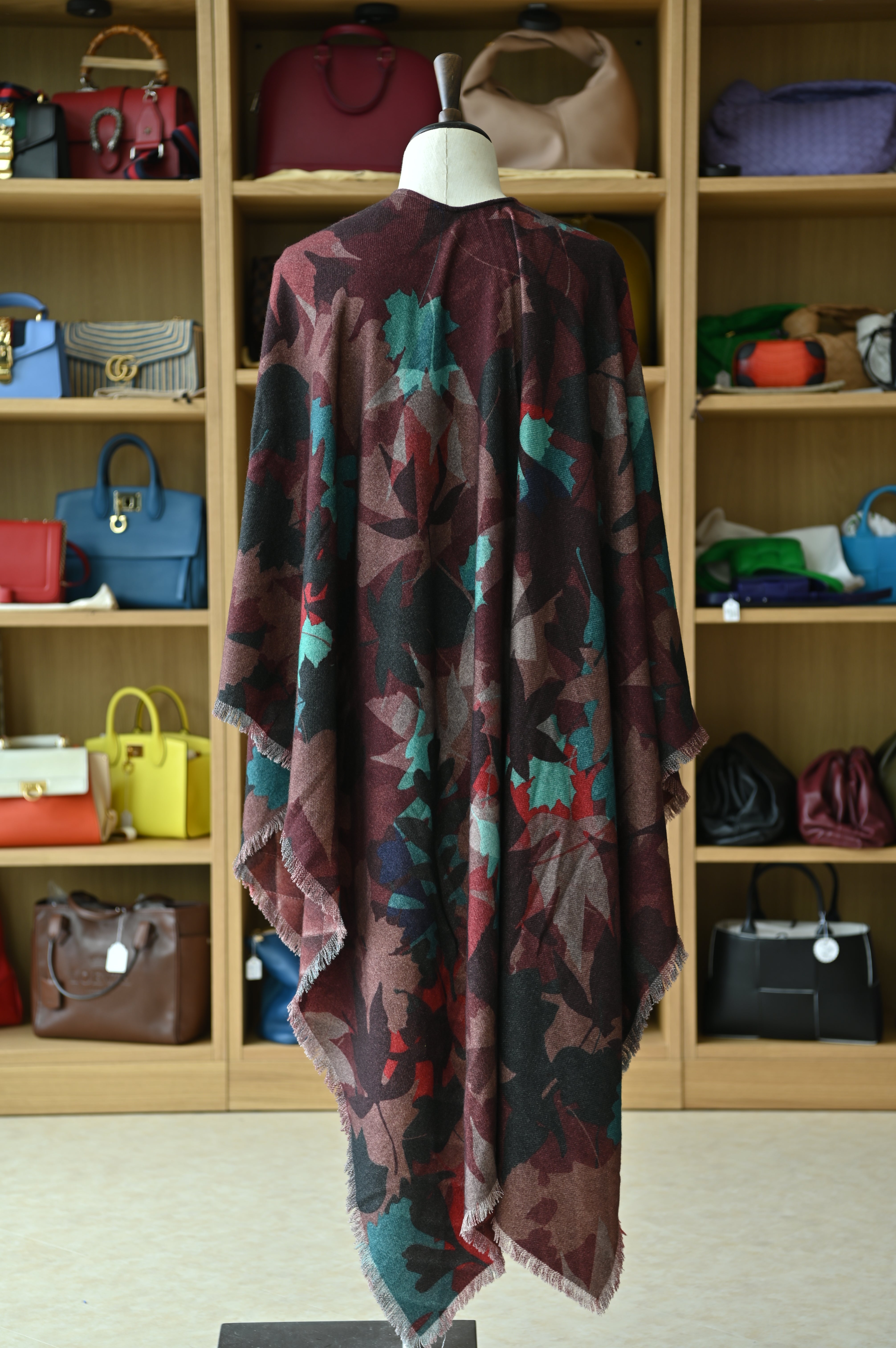 Chanel Burgundy Floral Leaf Cashmere Poncho back