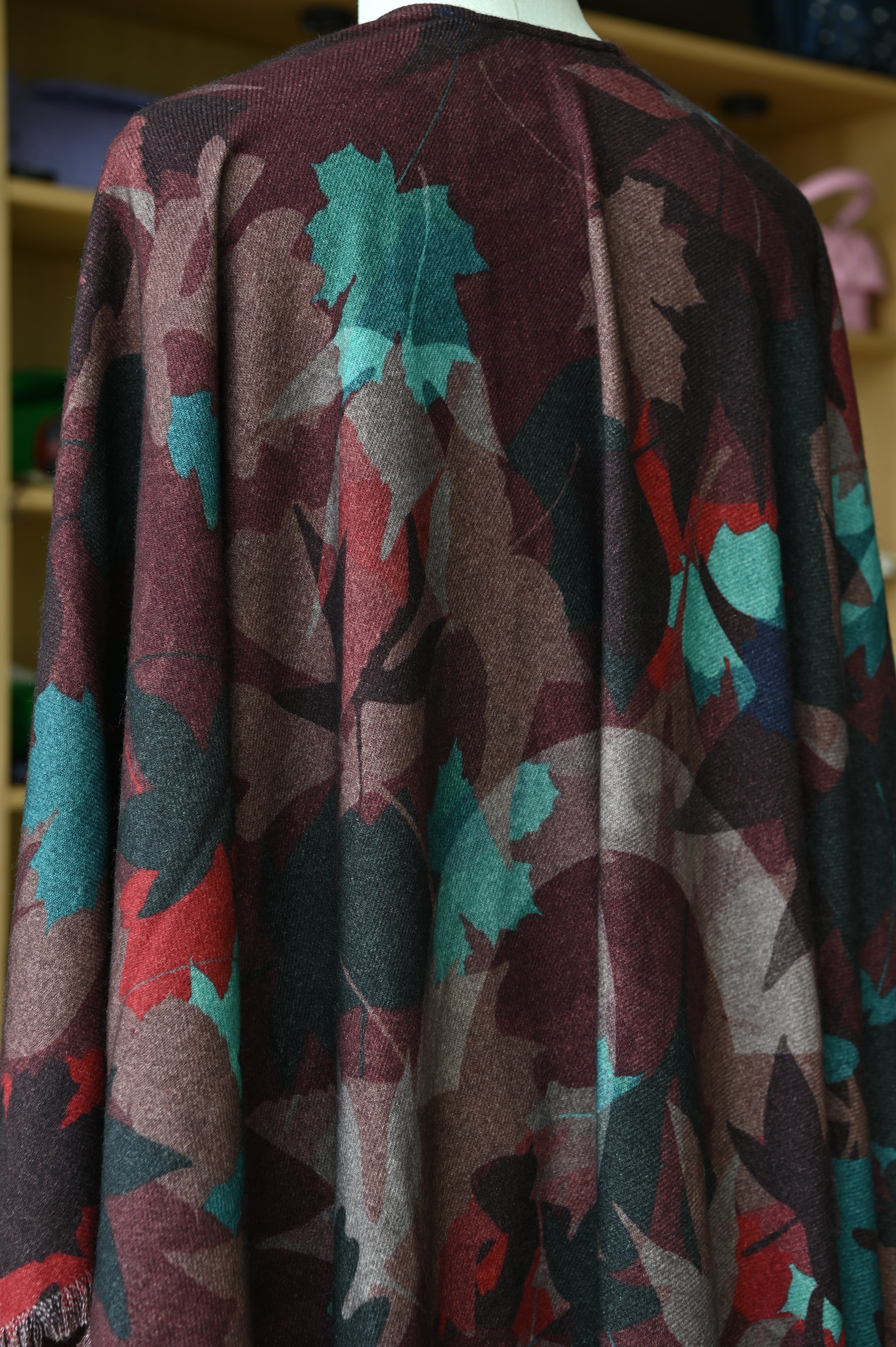 Chanel Burgundy Floral Leaf Cashmere Poncho back angle