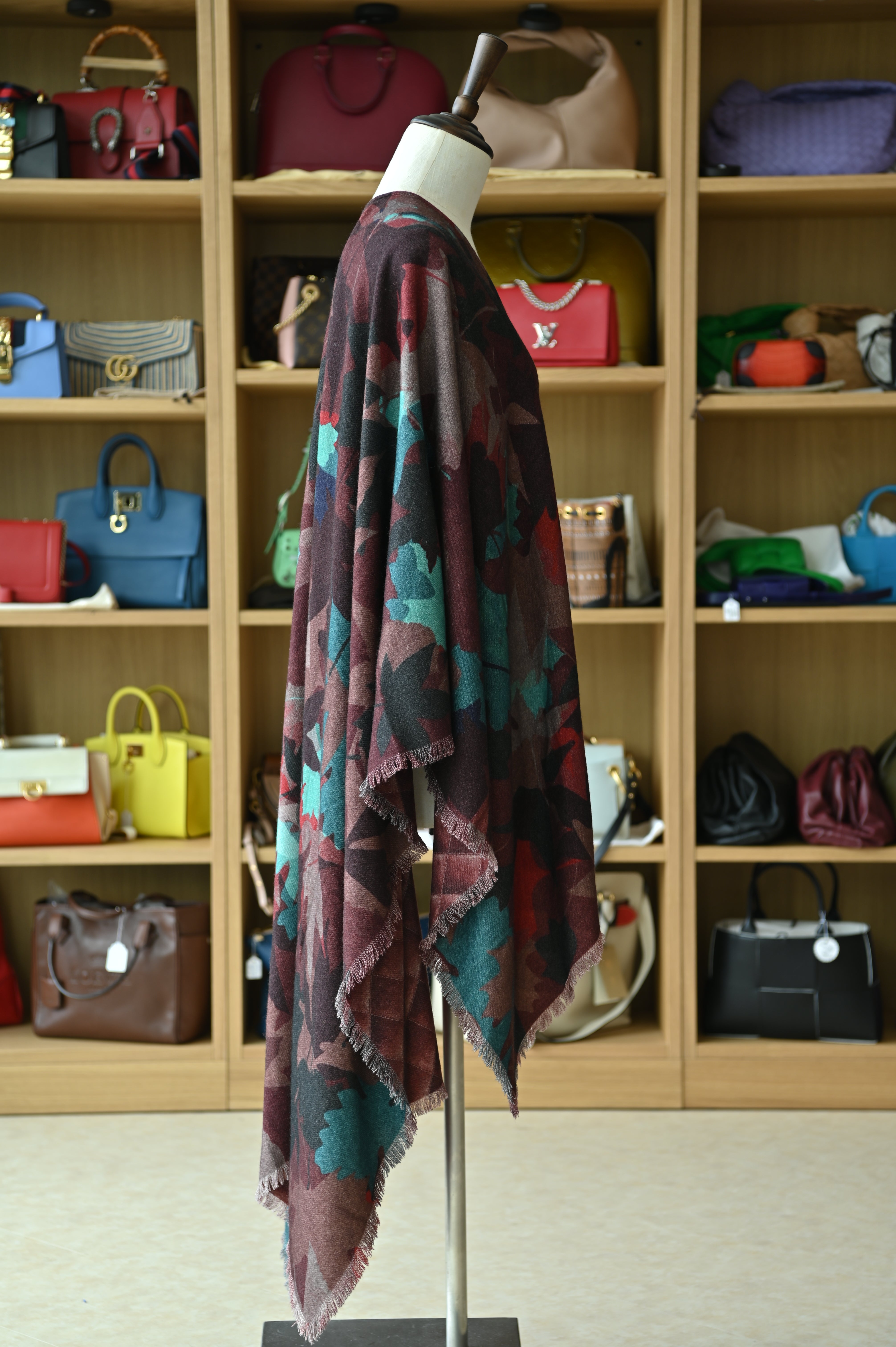 Chanel Burgundy Floral Leaf Cashmere Poncho side