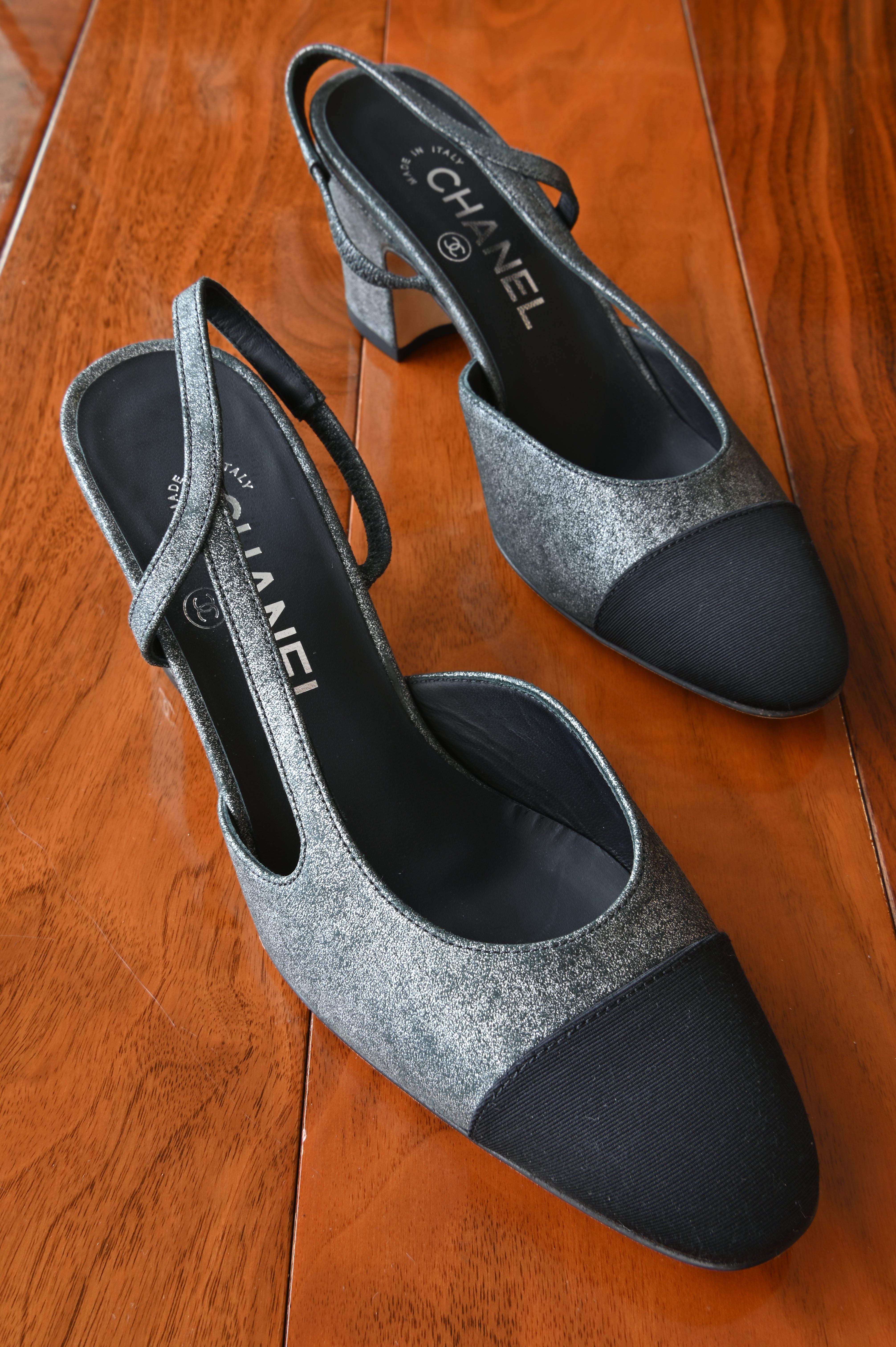 Chanel CC Grey Silver Suede Black Cap Slingback Pumps