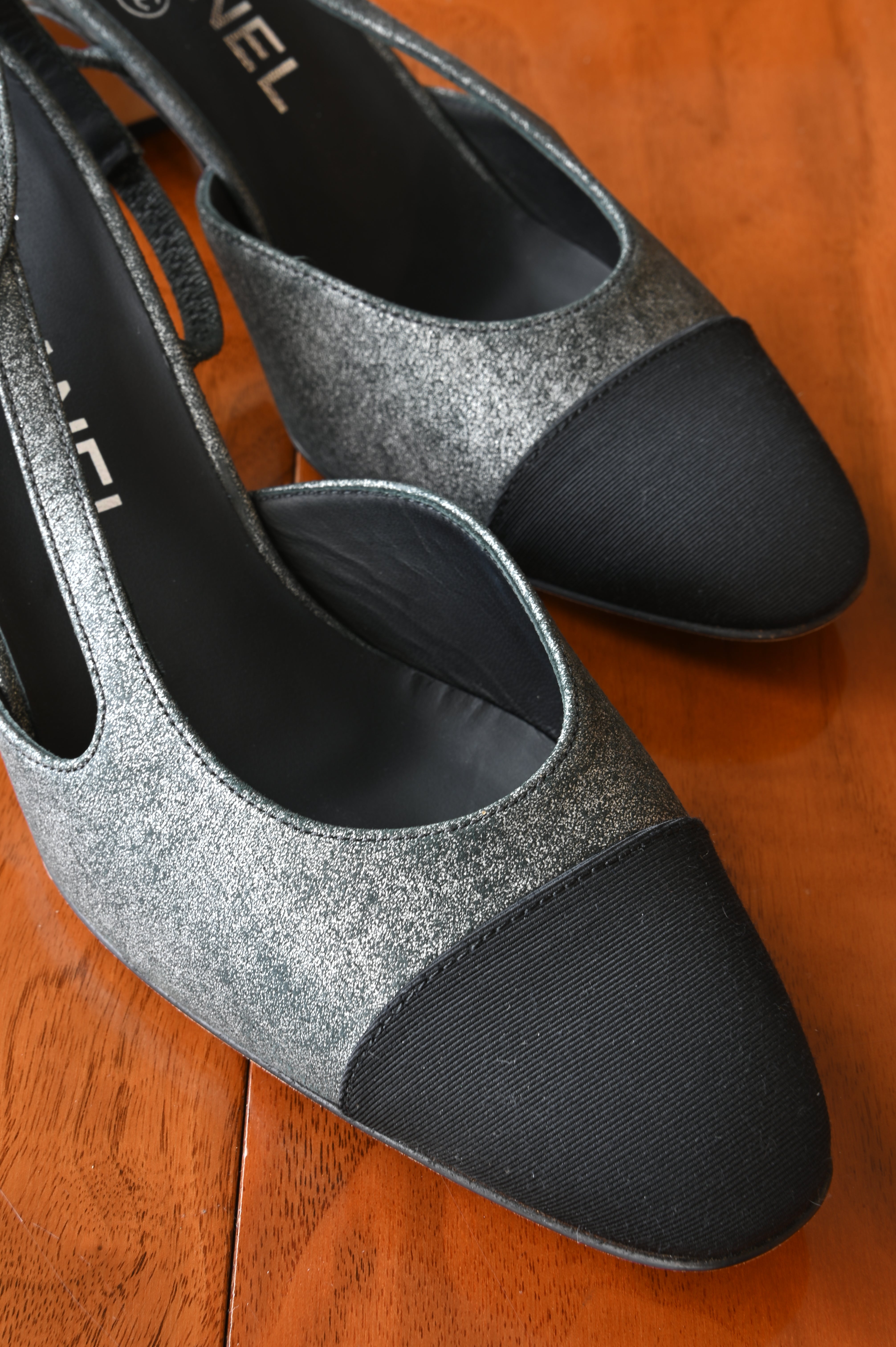 Chanel CC Grey Silver Suede Black Cap Slingback Pumps front