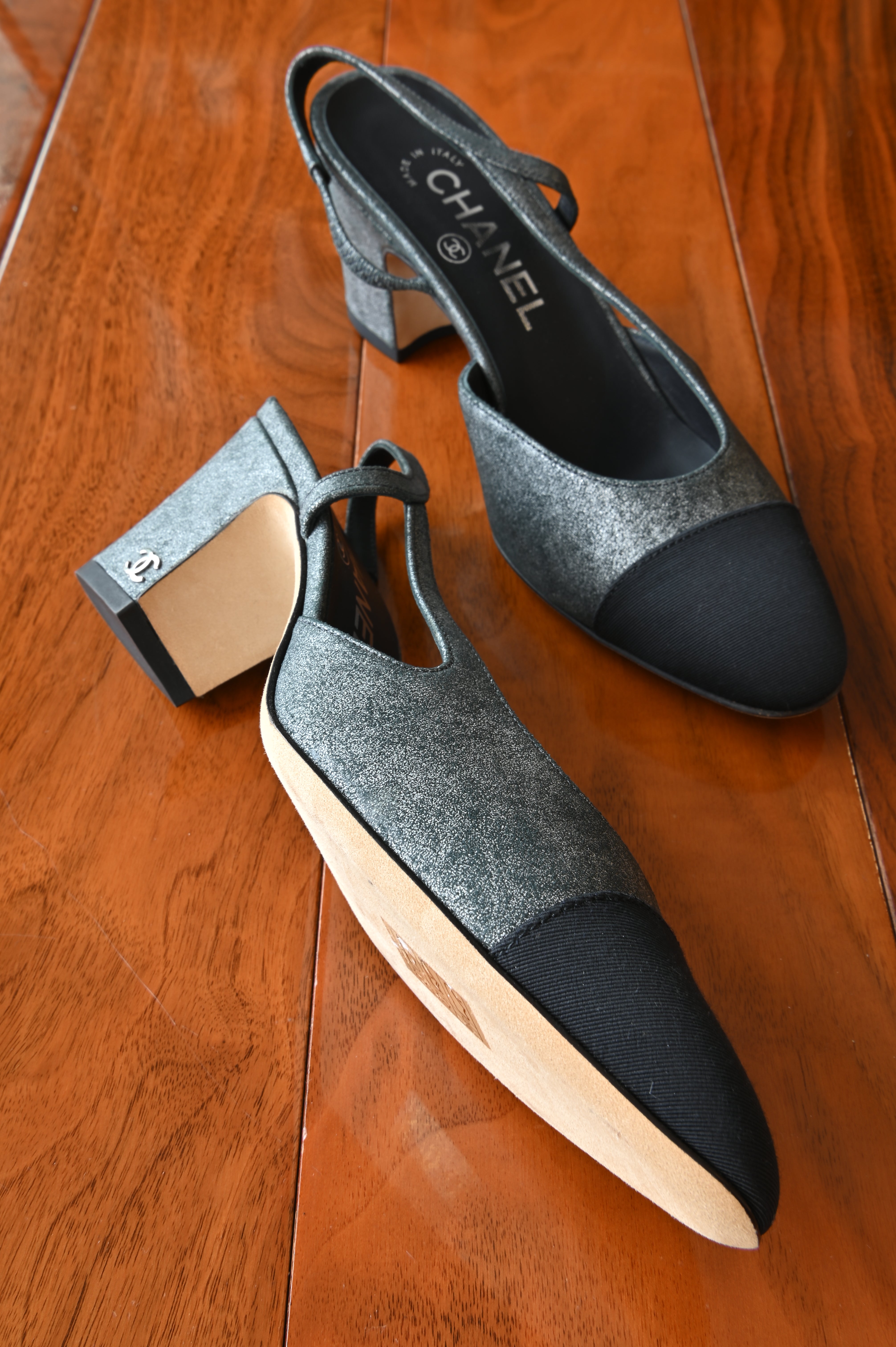 Chanel CC Grey Silver Suede Black Cap Slingback Pumps left